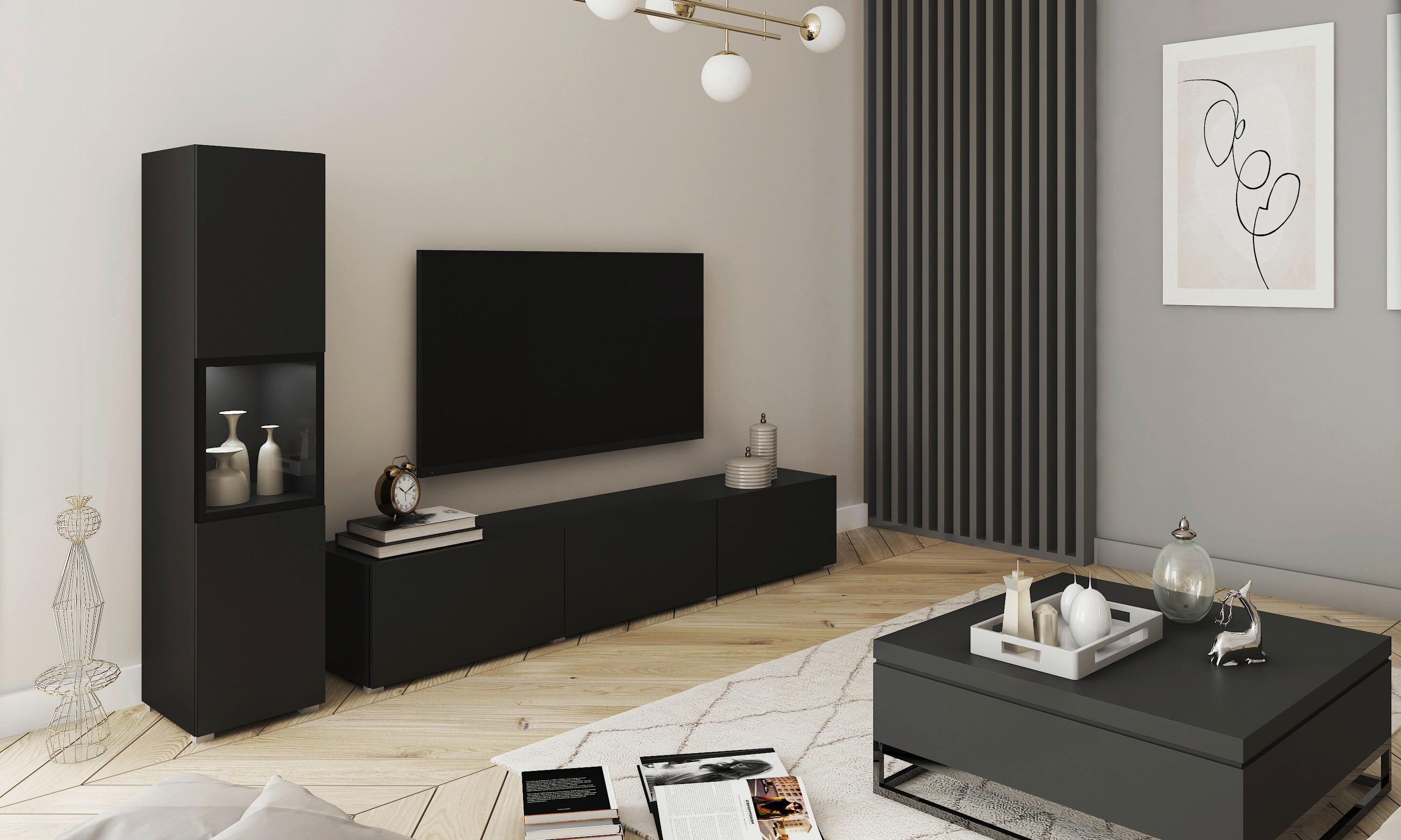 Dnevni Regal Berlin I, Črna Mat, Osvetlitev, 2-Delni - črna/siva, Design, umetna masa/steklo (210/130/32,5cm) - MID.YOU