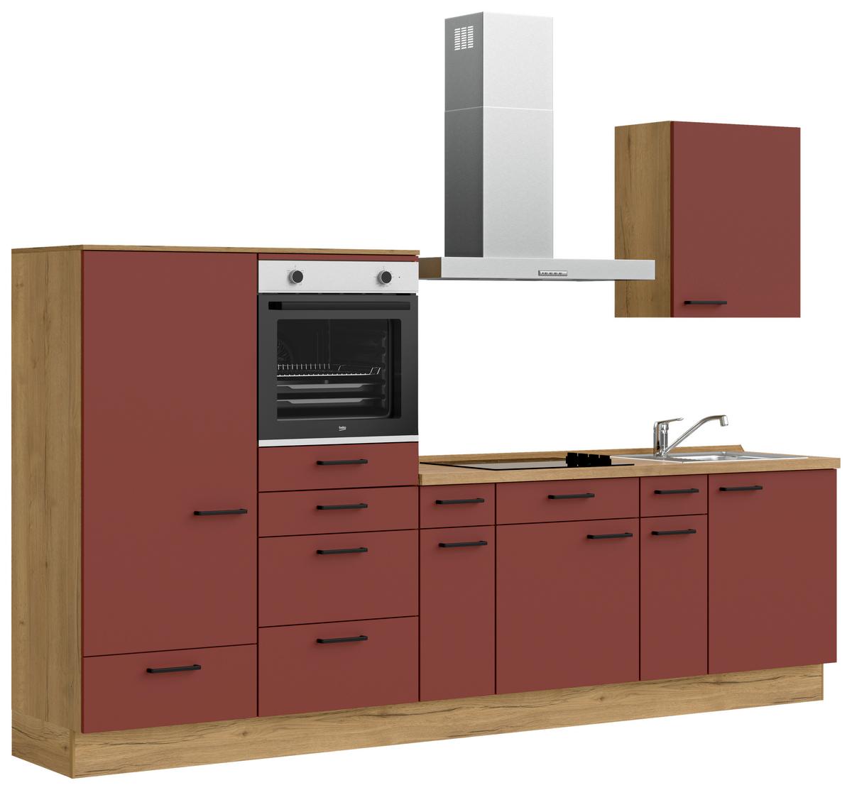 Küchenblock Easytouch Low m. Geräten Dunkelrot - Eichefarben/Schwarz, MODERN, Holzwerkstoff/Metall (300cm) - Nobilia