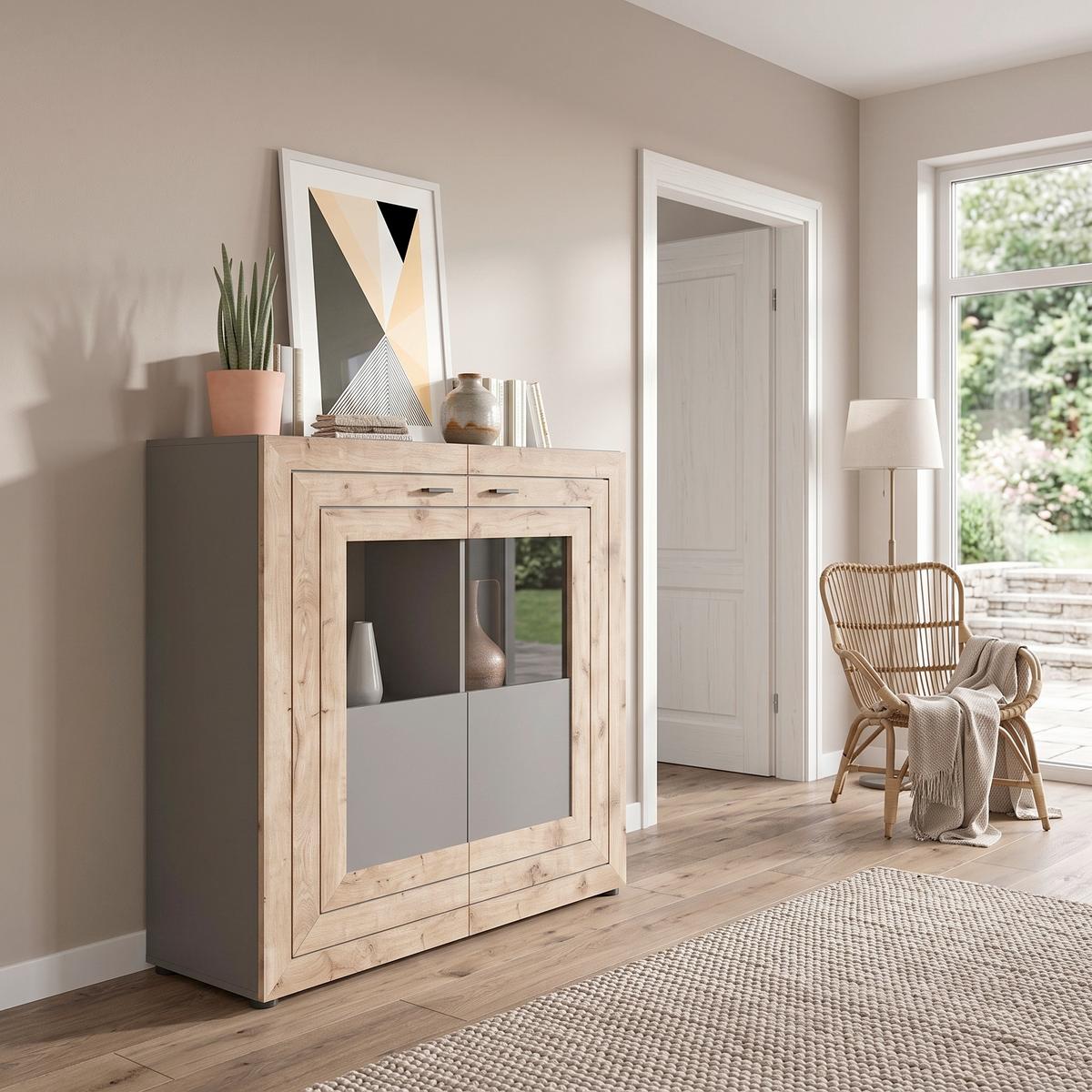 Highboard Freno ca. 120x117 cm Nox Eiche/Grau - KONVENTIONELL, Glas/Holzwerkstoff (120/117/37cm) - MID.YOU
