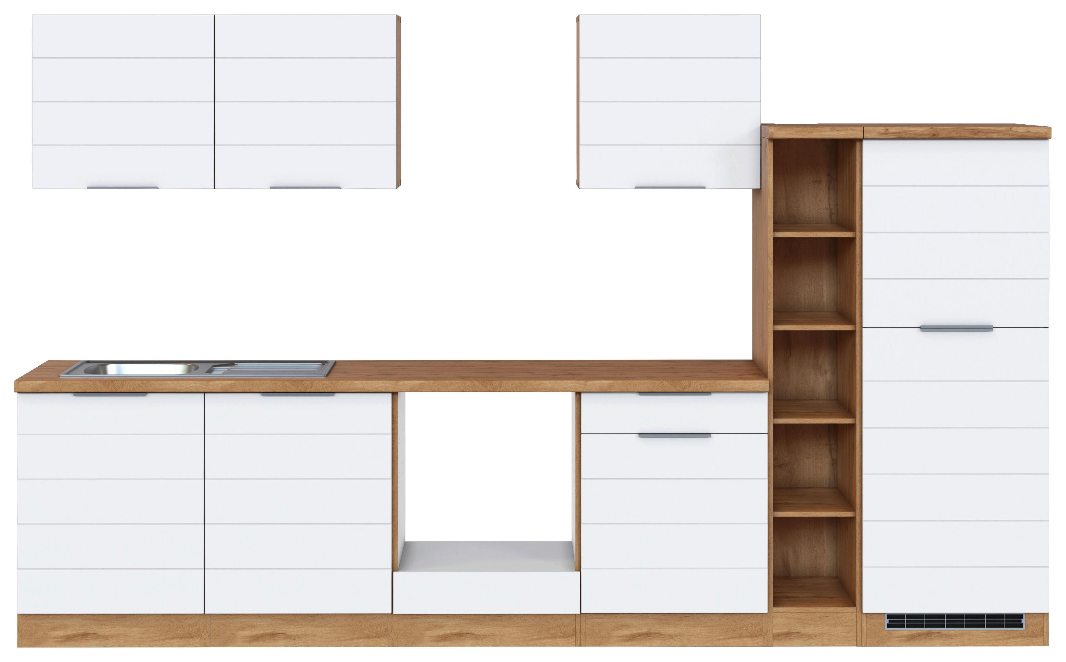 Küchenblock Florenz ohne Geräte ca. 330 cm Weiß/Eiche - Eiche Wotan/Weiß, Design, Holzwerkstoff/Metall (330cm) - Held