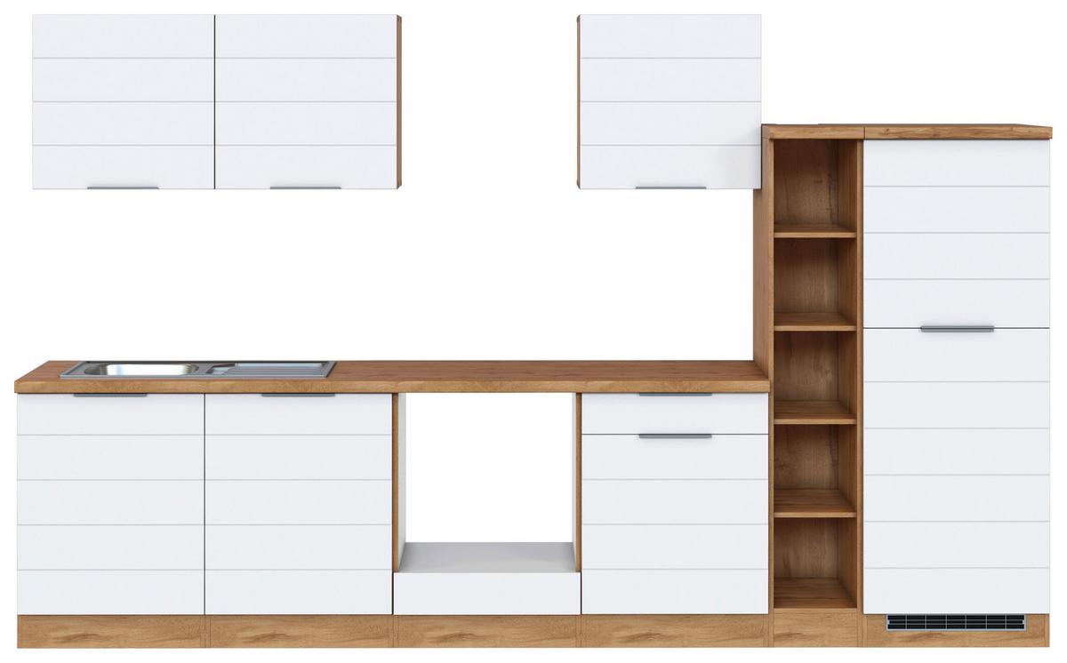 Küchenblock Florenz ohne Geräte ca. 330 cm Weiß/Eiche - Eiche Wotan/Weiß, Design, Holzwerkstoff/Metall (330cm) - Held
