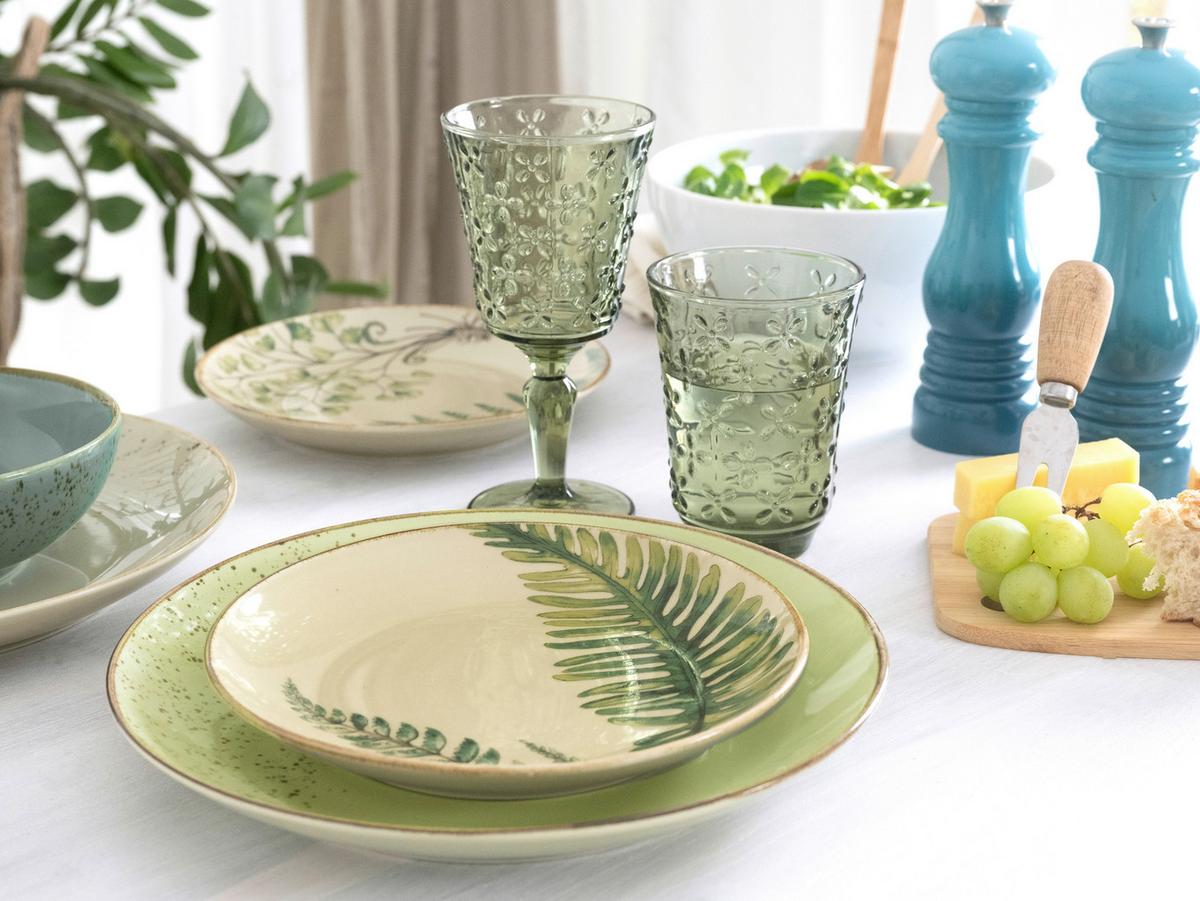 Kombiservice Botanica in Grün, 16-teilig - Sandfarben/Petrol, KONVENTIONELL, Keramik - Creatable
