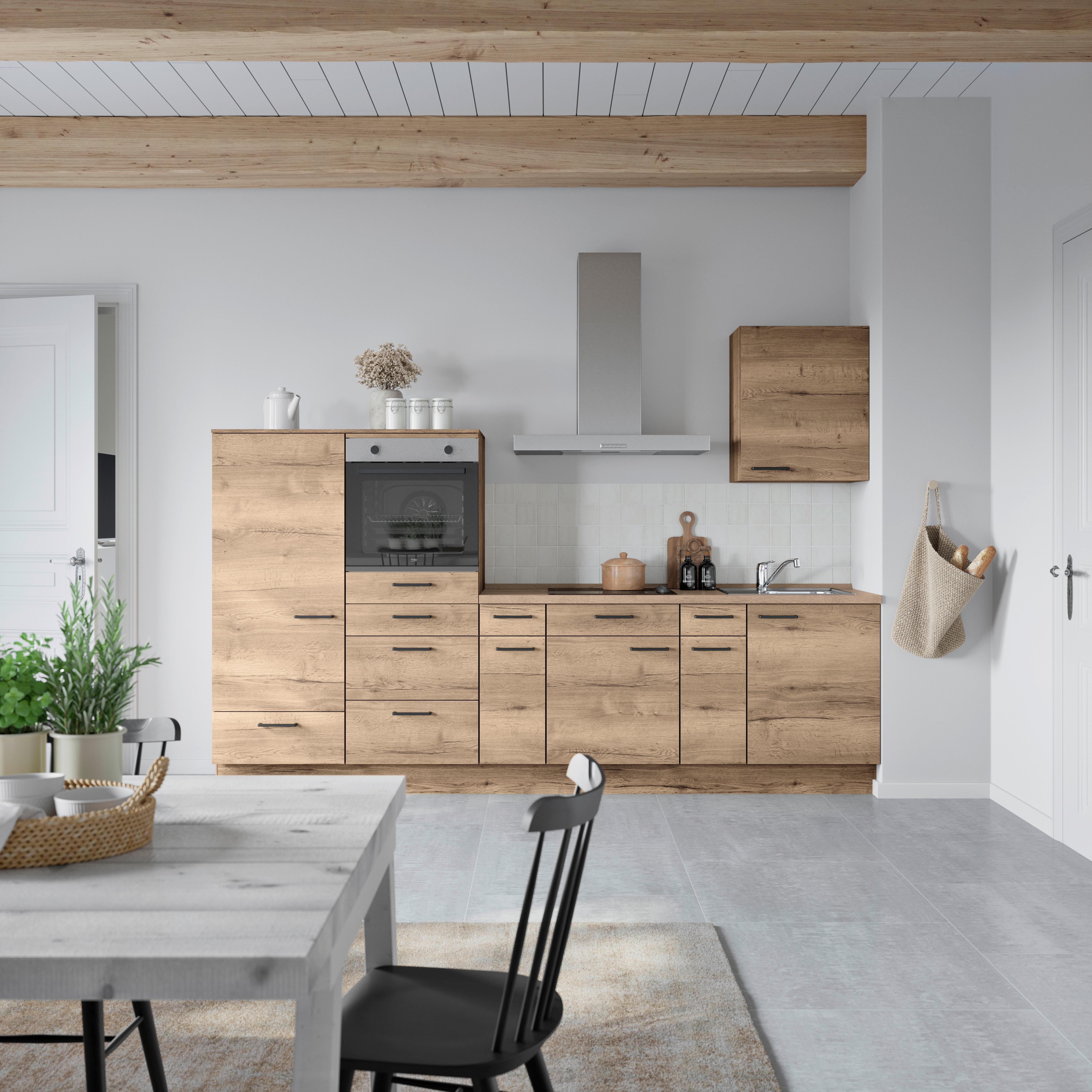 Küchenblock Structura Low m. Geräten Eiche dunkel - Eiche dunkel/Eichefarben, MODERN, Holzwerkstoff/Metall (300cm) - Nobilia