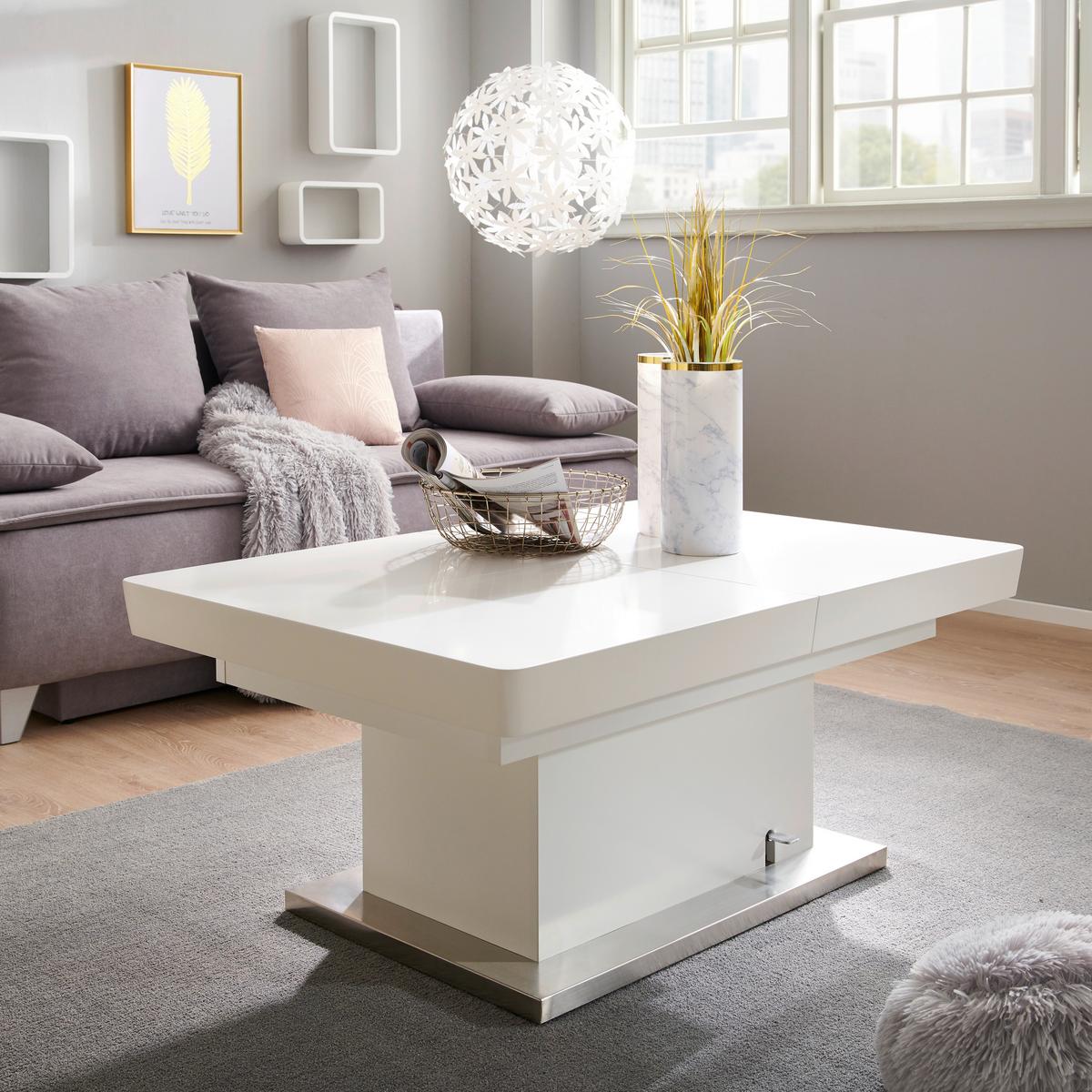 Klubska Miza Manchester, Bela, Raztegljiva, Nastavljiva - barve nerjavečega jekla/bela, Moderno, kovina/leseni material (120-160/50-78/80cm)