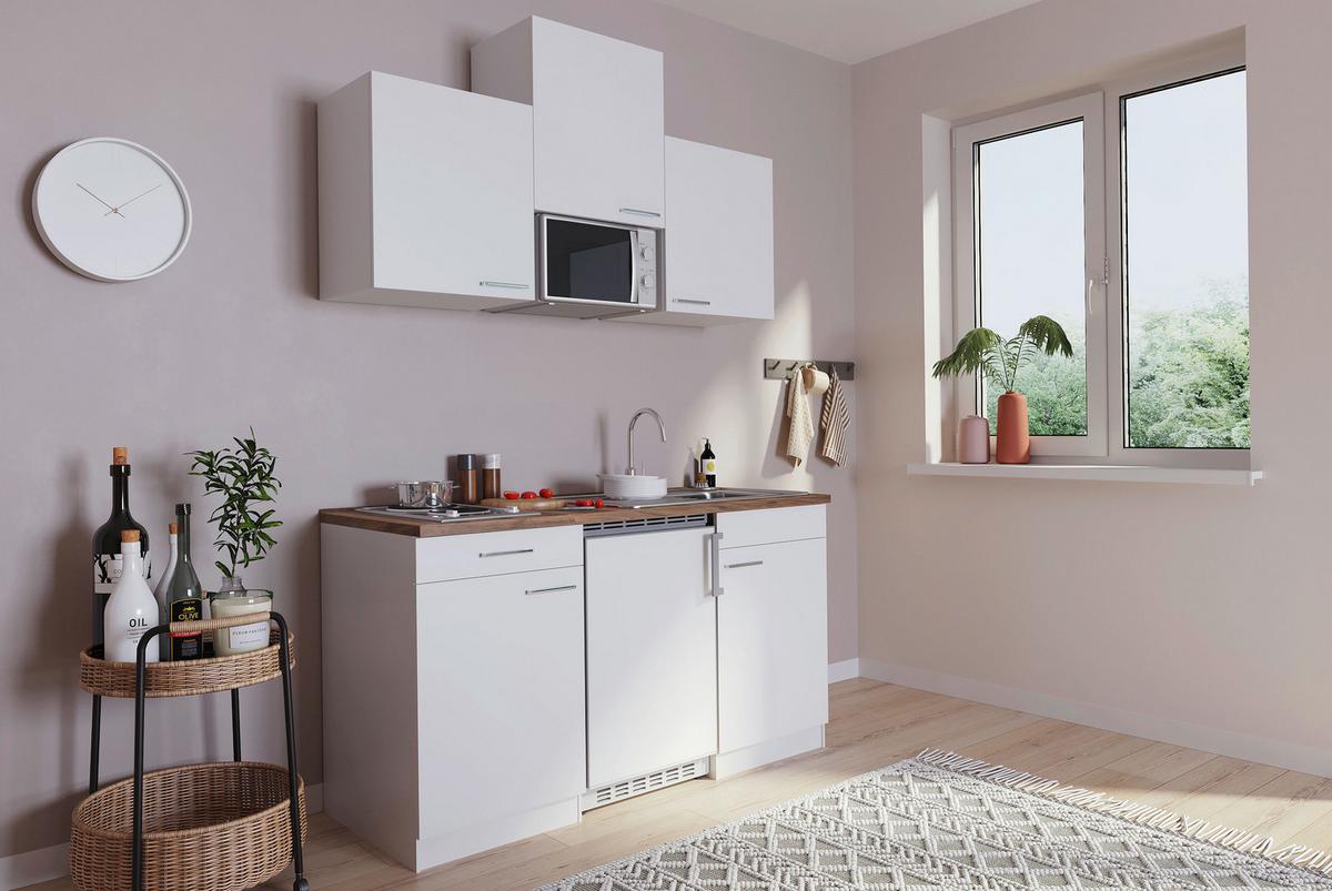 Miniküche Economy m. Geräten Weiß B: ca. 150 cm - Edelstahlfarben/Nussbaumfarben, Basics, Holzwerkstoff/Kunststoff (150cm) - Respekta
