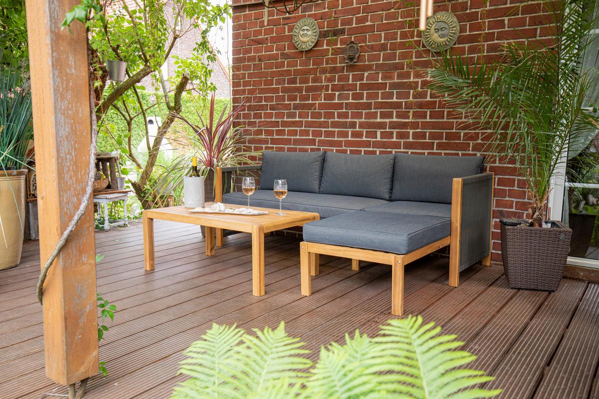 Loungegarnitur Malaga Akazie massiv mit Kissen - Schwarz/Grau, Basics, Holz/Textil (198/132cm) - Acamp