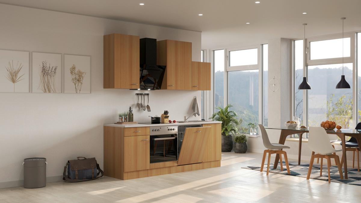 Küchenblock in Buche/Creme inkl. Geräte und Spüle 'Nano' - Edelstahlfarben/Beige, MODERN, Holzwerkstoff/Kunststoff (220cm) - FlexWell