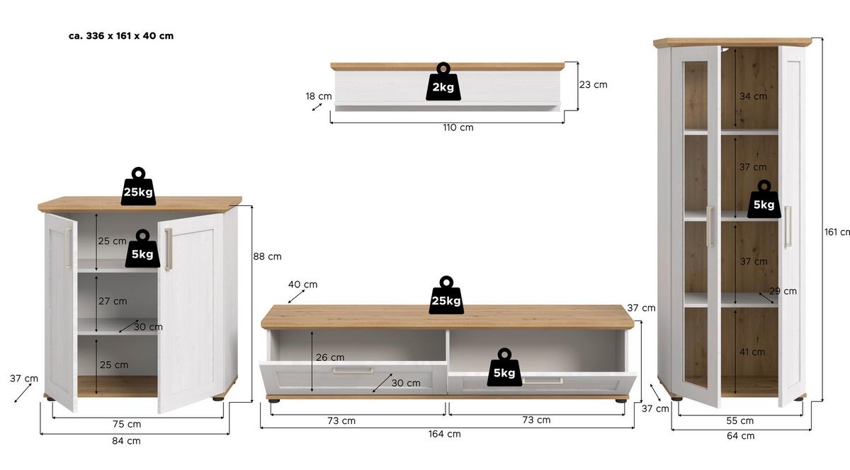 Dnevni Regal Verona, Bela, Barva Macesna, 4-Delni - srebrne barve/črna, Design, umetna masa/leseni material (336/161/40cm) - Livetastic