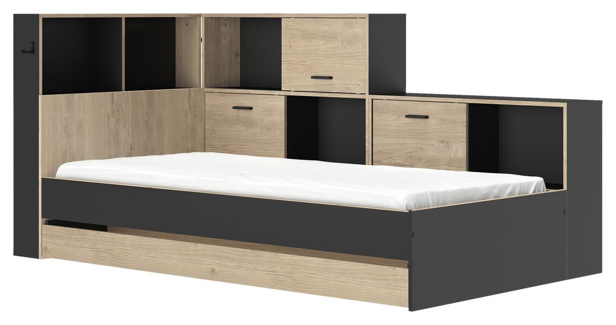 Postelja S Predalom Erwan, Črna, Barva Kostanja, 90x200cm - črna/barve kostanja, Moderno, leseni material (90/200cm) - MID.YOU