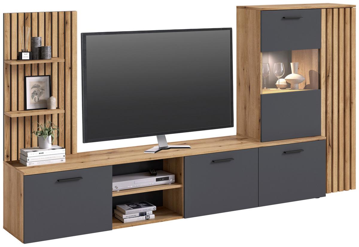 Regal Za Dnevni Boravak Mailand - boje hrasta/crna, Moderno, staklo/drvni materijal (250/135/38cm) - Modern Living