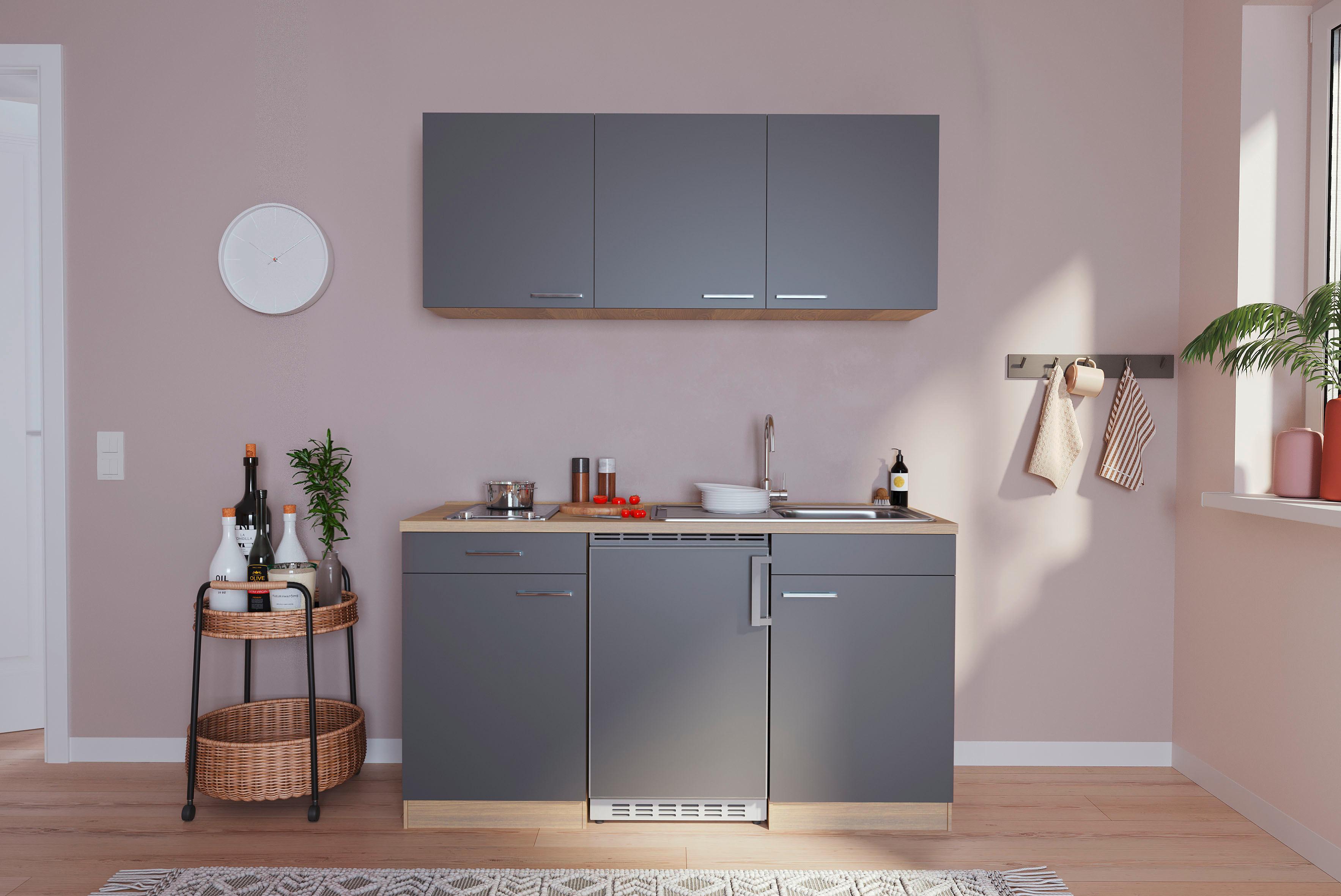 Miniküche Economy m. Geräten B: ca. 150cm Grau/Eichefarben - Eichefarben/Grau, Basics, Holzwerkstoff (150cm) - Respekta