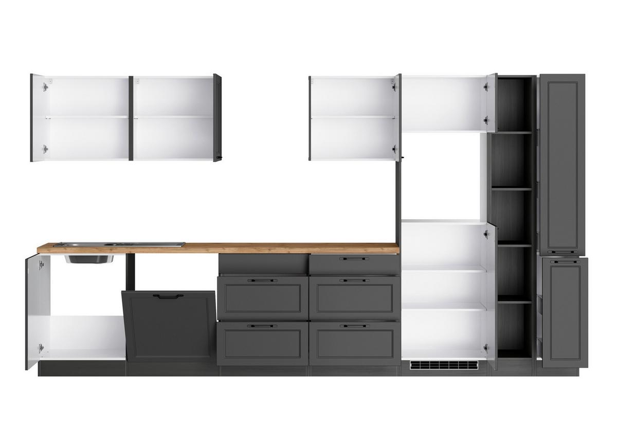 Küchenzeile Meran ohne Geräte ca. 360 cm Grau/Eiche Dekor - Eiche Wotan/Schwarz, LIFESTYLE, Holzwerkstoff/Metall (360cm) - Held