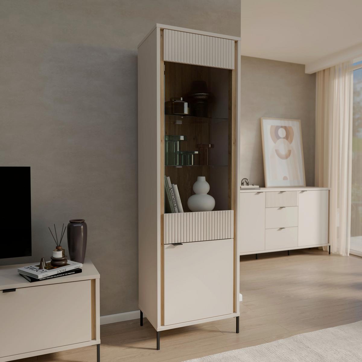 Vitrina Seravel - boje hrasta/boje pijeska, Natur, staklo/drvni materijal (59,4/199,2/41,5cm) - Modern Living