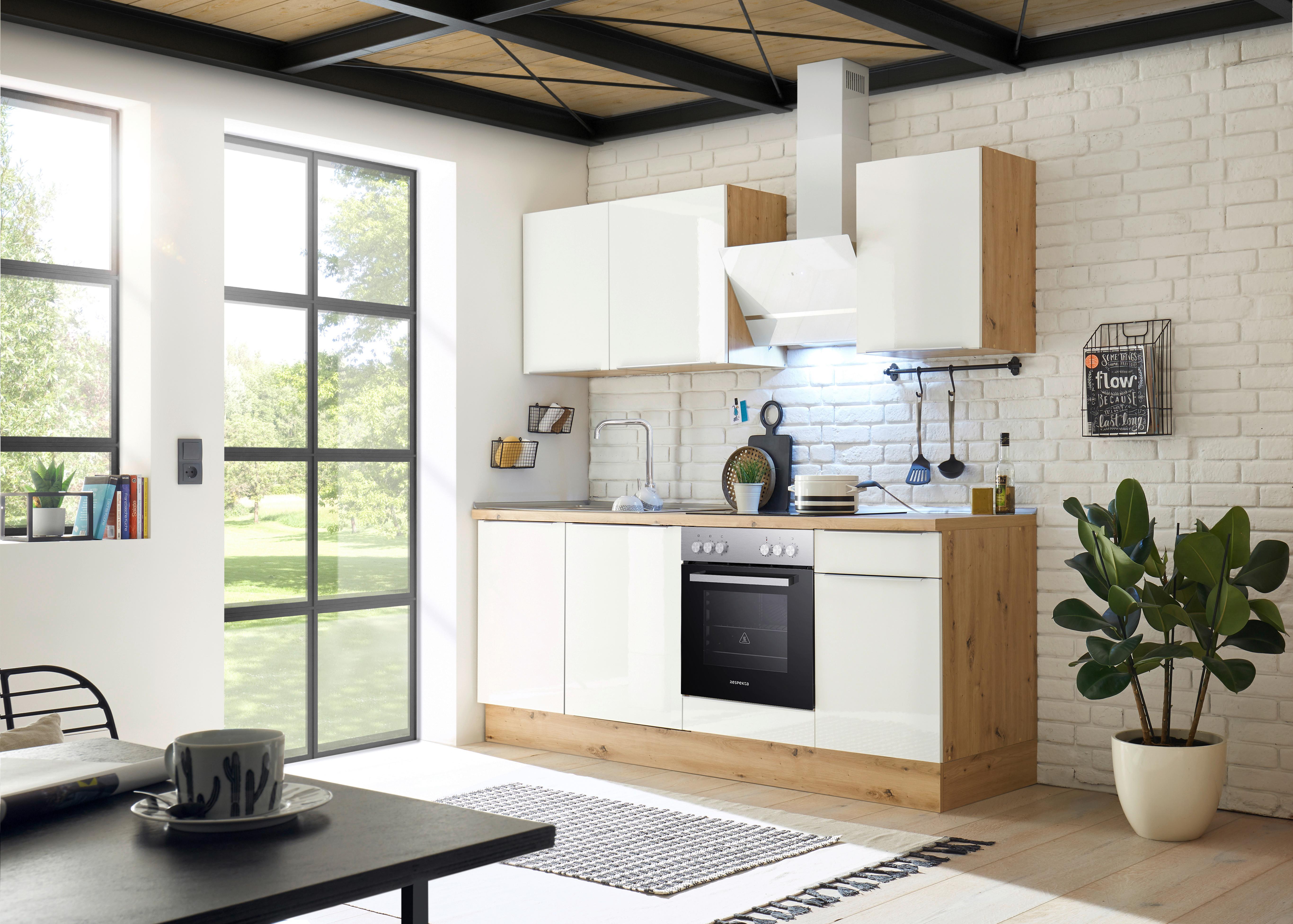 Küchenblock mit Geräten Weiß B: ca. 220 cm - Weiß Hochglanz/Alufarben, LIFESTYLE, Holzwerkstoff/Kunststoff (220cm) - Respekta