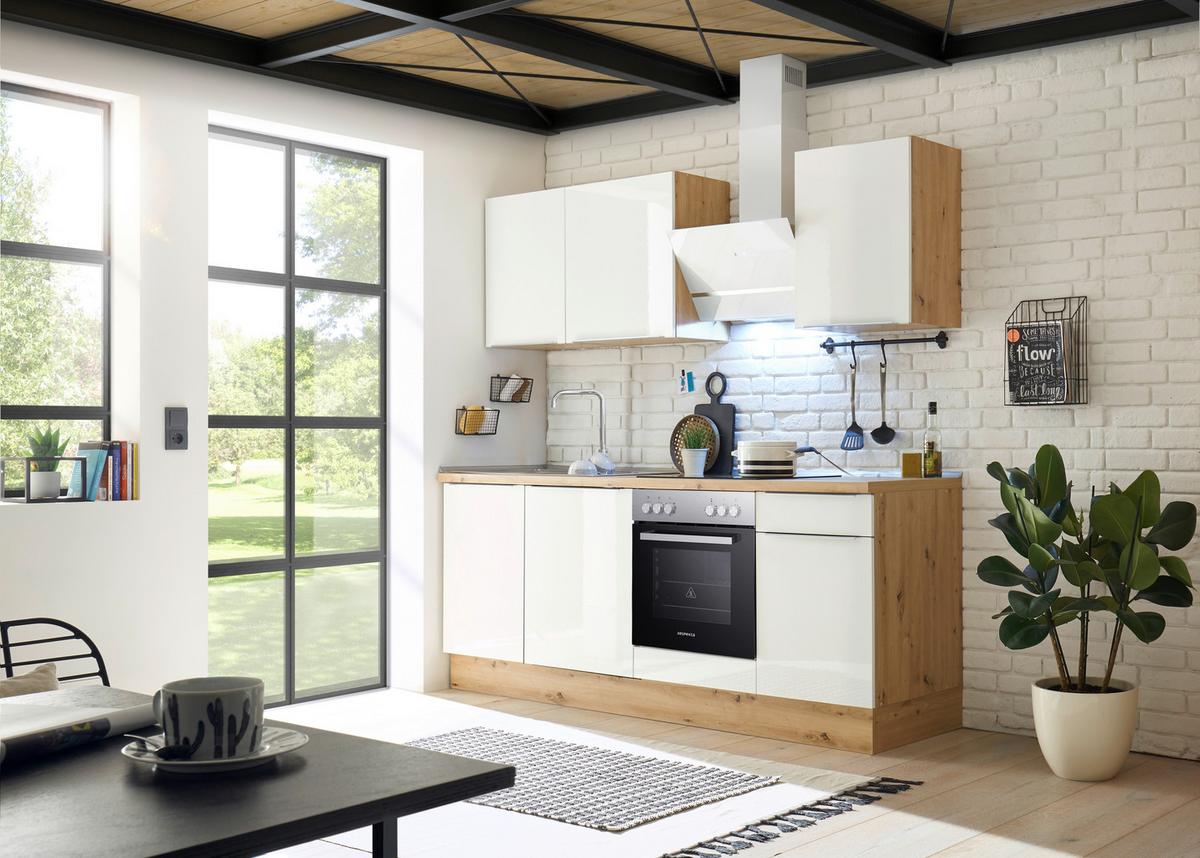 Küchenblock mit Geräten Weiß B: ca. 220 cm - Weiß Hochglanz/Alufarben, LIFESTYLE, Holzwerkstoff/Kunststoff (220cm) - Respekta