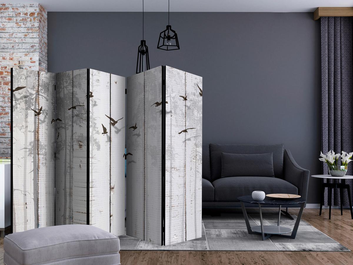 Paravan Birds On Boards I, 5-Delni, Dvostranski - siva/rjava, Basics, tekstil/les (225/172/3cm) - artgeist