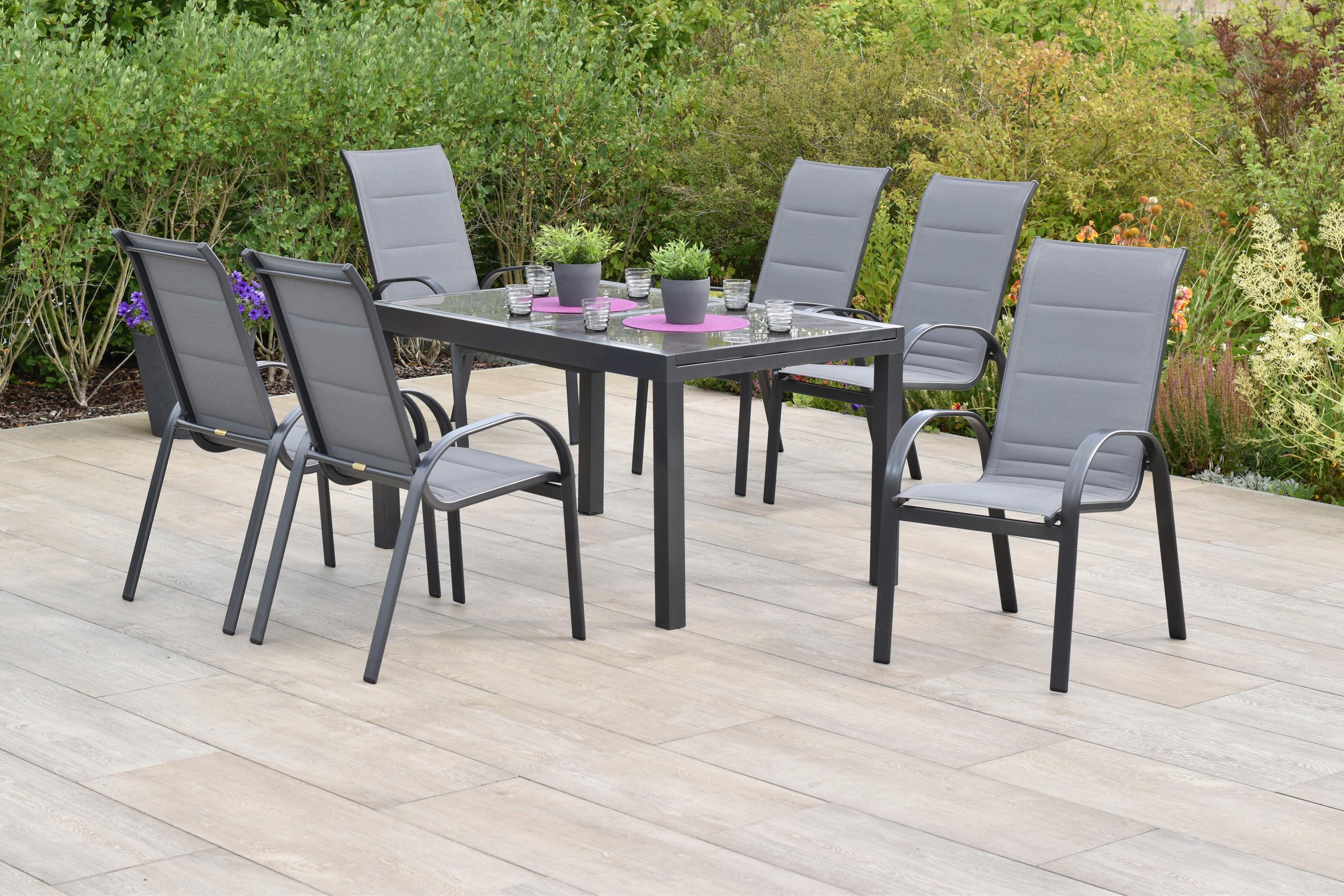 Gartentischgruppe Amalfi 7-tlg. Graphitfarben - Graphitfarben/Braun, KONVENTIONELL, Glas/Textil - Gardenson