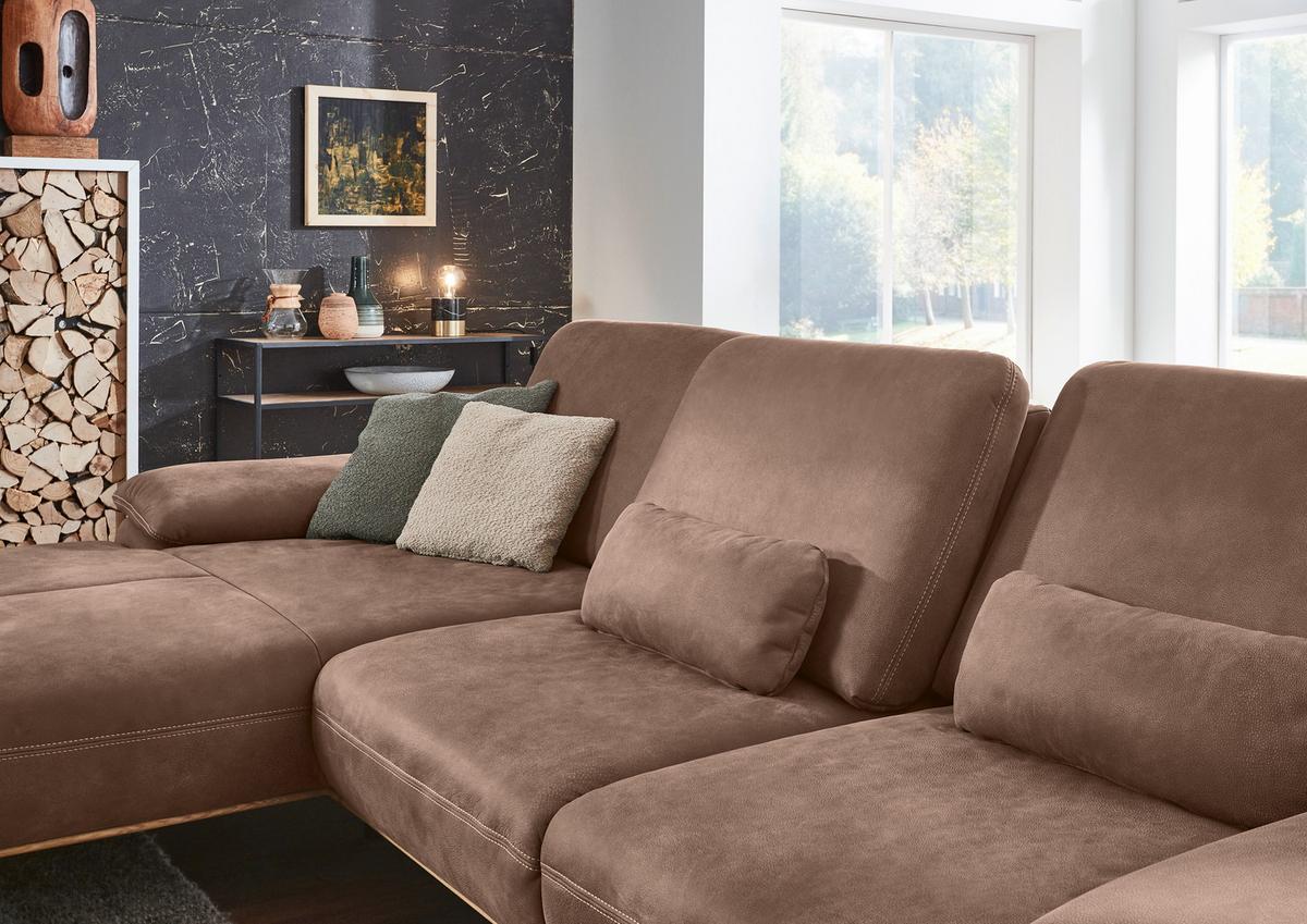 Wohnlandschaft Erling Braun - Beige/Schwarz, MODERN, Leder/Metall (187/89/322cm) - Premium Living