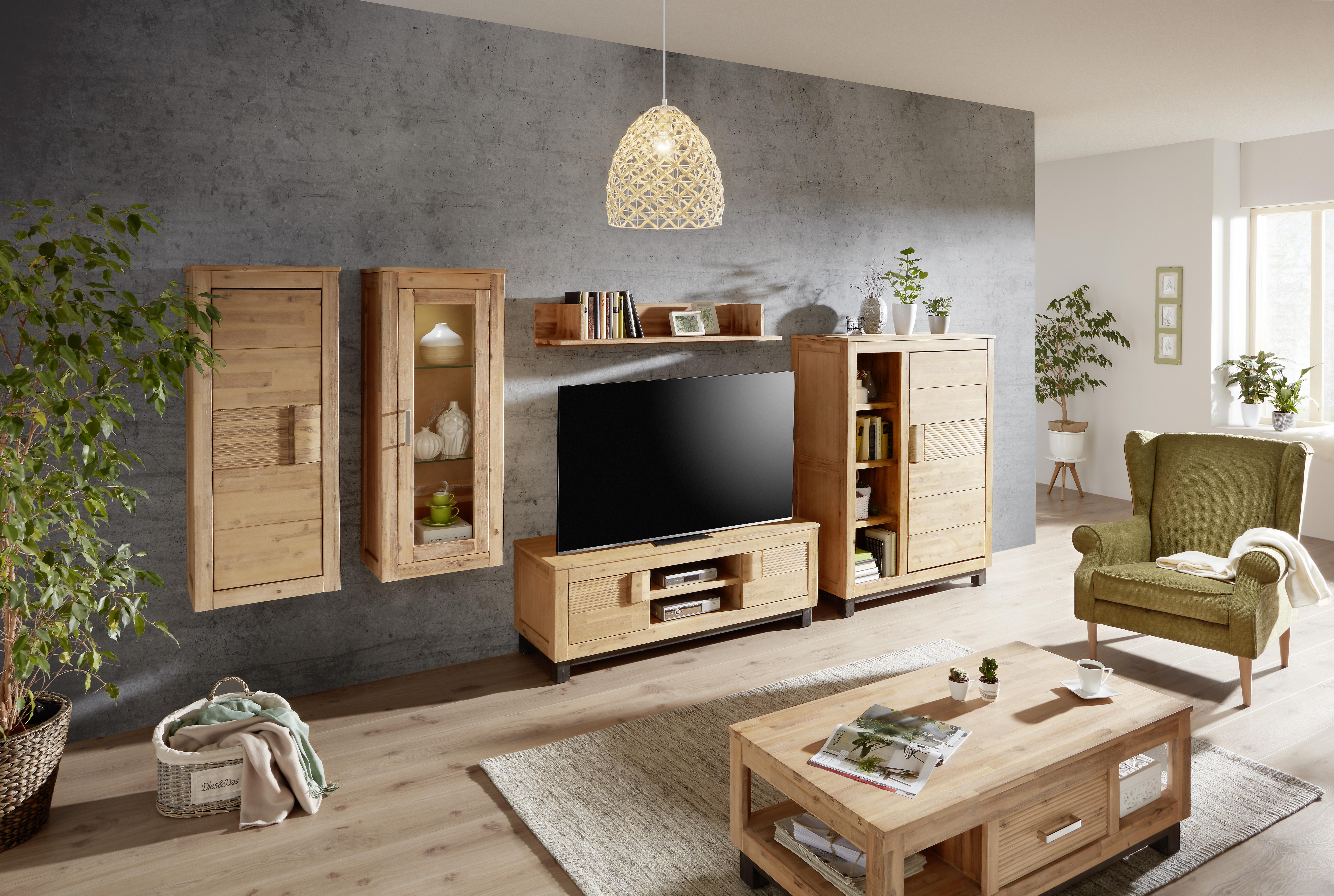 Highboard aus Akazie teilmassiv - Akaziefarben/Grau, Konventionell, Holz (110/140/45cm) - Zandiara