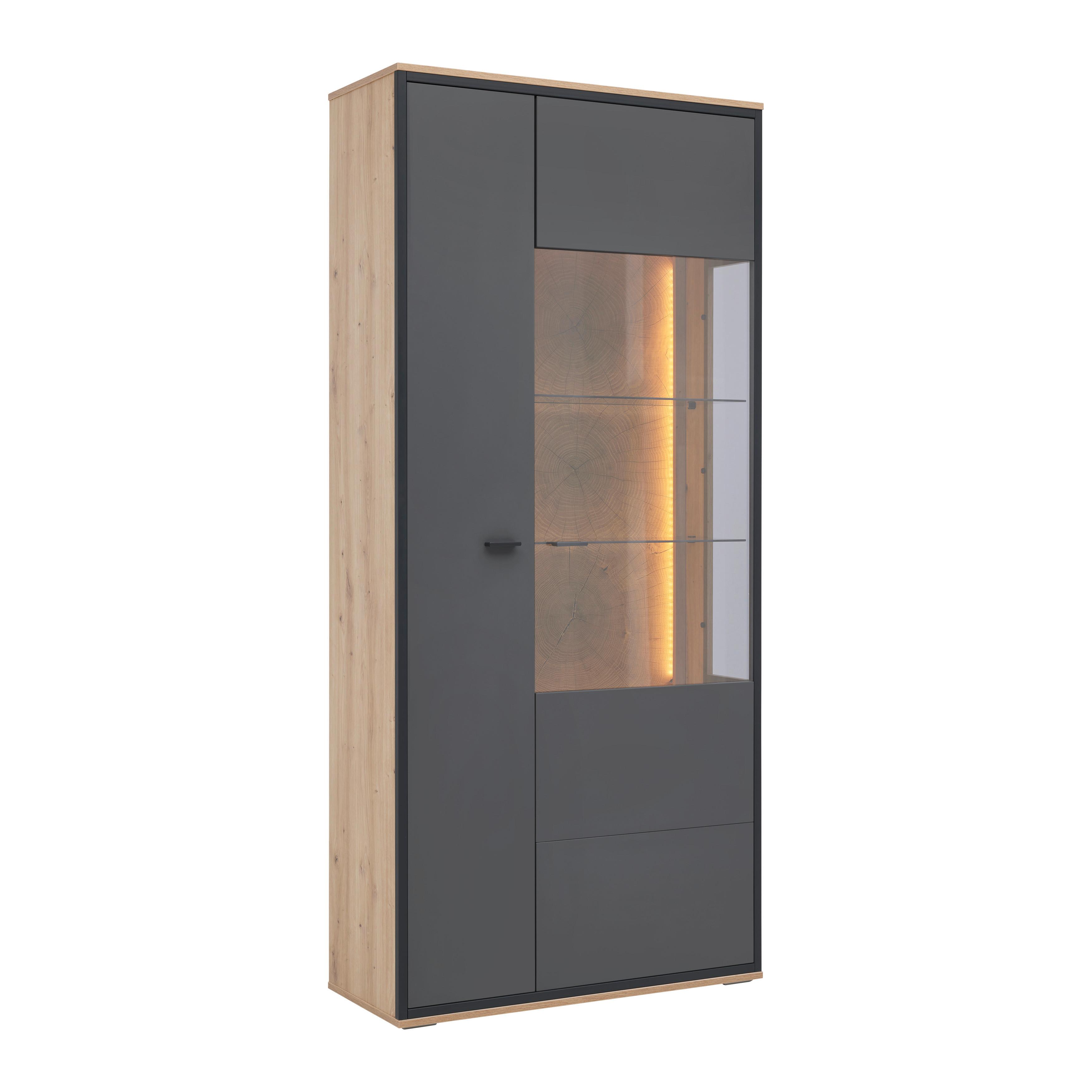 Vitrine Florenz Grau/Eiche Artisan - Schwarz/Eiche Artisan, MODERN, Glas/Holzwerkstoff (90,2/202,0/38cm) - Premium Living