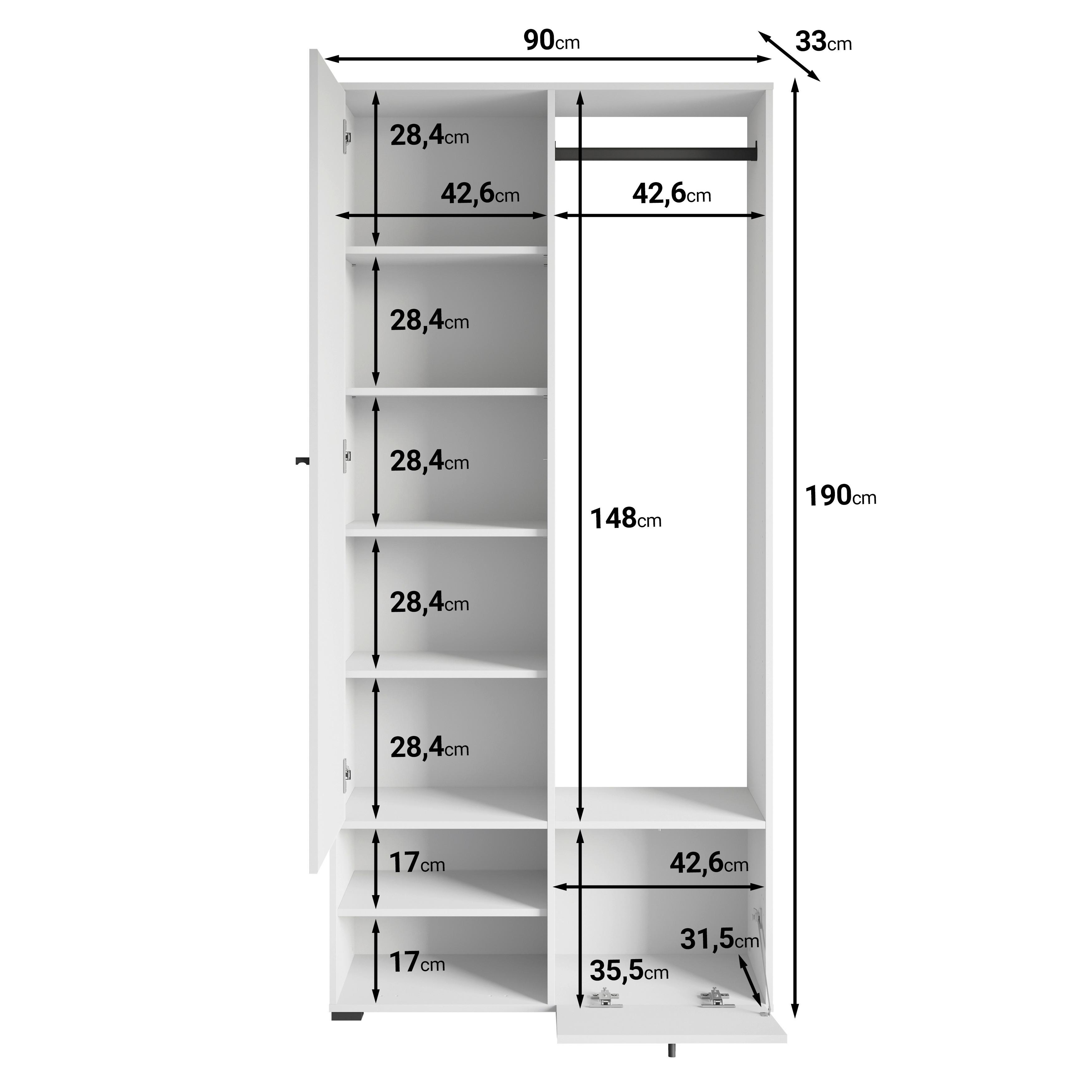 Garderobe Dino ca. 90x190 cm Schwarz - Schwarz, Trend, Holzwerkstoff (90/190/33cm) - P & B