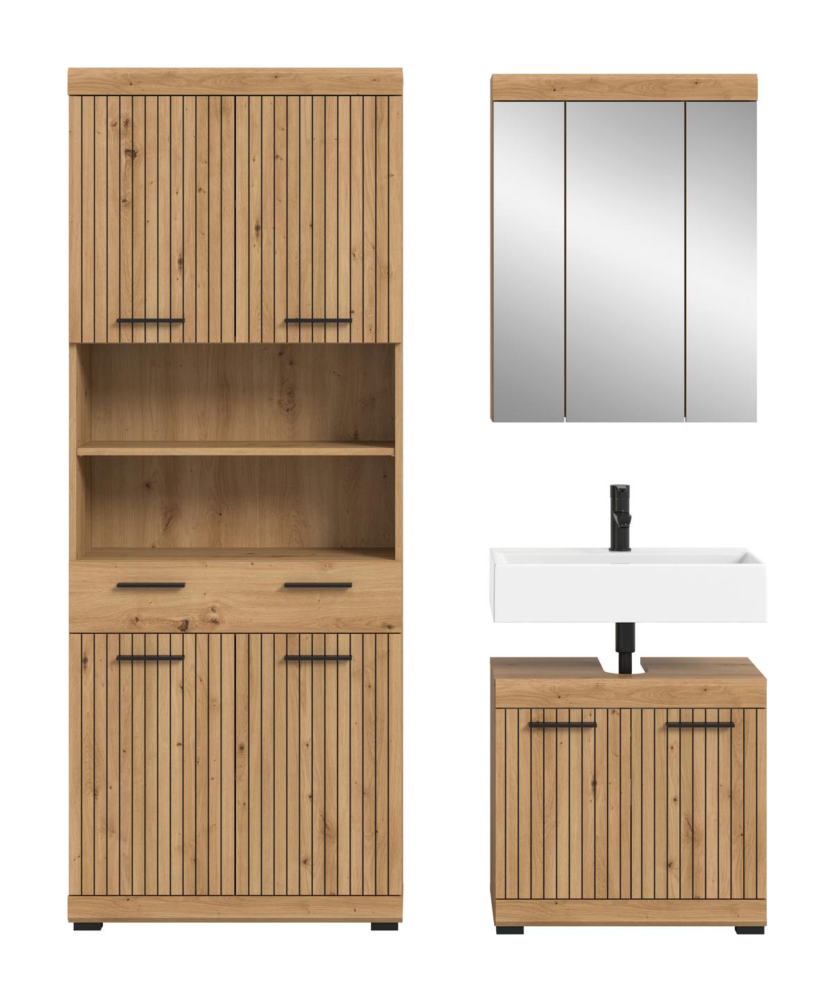 Badezimmer Scout Eiche Artisan 3-teilig - Schwarz/Eiche Artisan, Trend, Glas/Holzwerkstoff (134cm) - MID.YOU