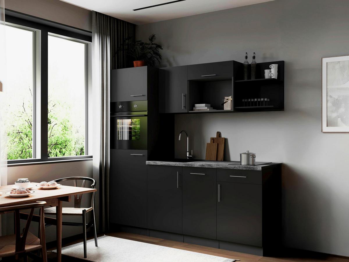 Küchenblock Oliver m. Geräten Schwarz - Schwarz/Grau, Trend, Holzwerkstoff/Metall (205cm) - Respekta