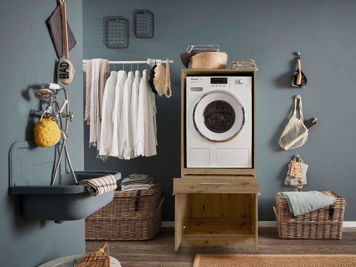 Waschmaschinenverbau in Eiche Artisan - Silberfarben/Schwarz, Konventionell, Holzwerkstoff/Kunststoff (67,5/162/67,5cm) - Mömax