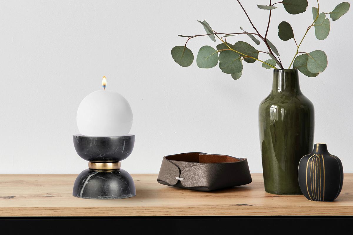 KERZENSTÄNDER SORIN - Goldfarben/Schwarz, Trend, Stein/Metall (12.75/12.75/14cm) - Kayoom