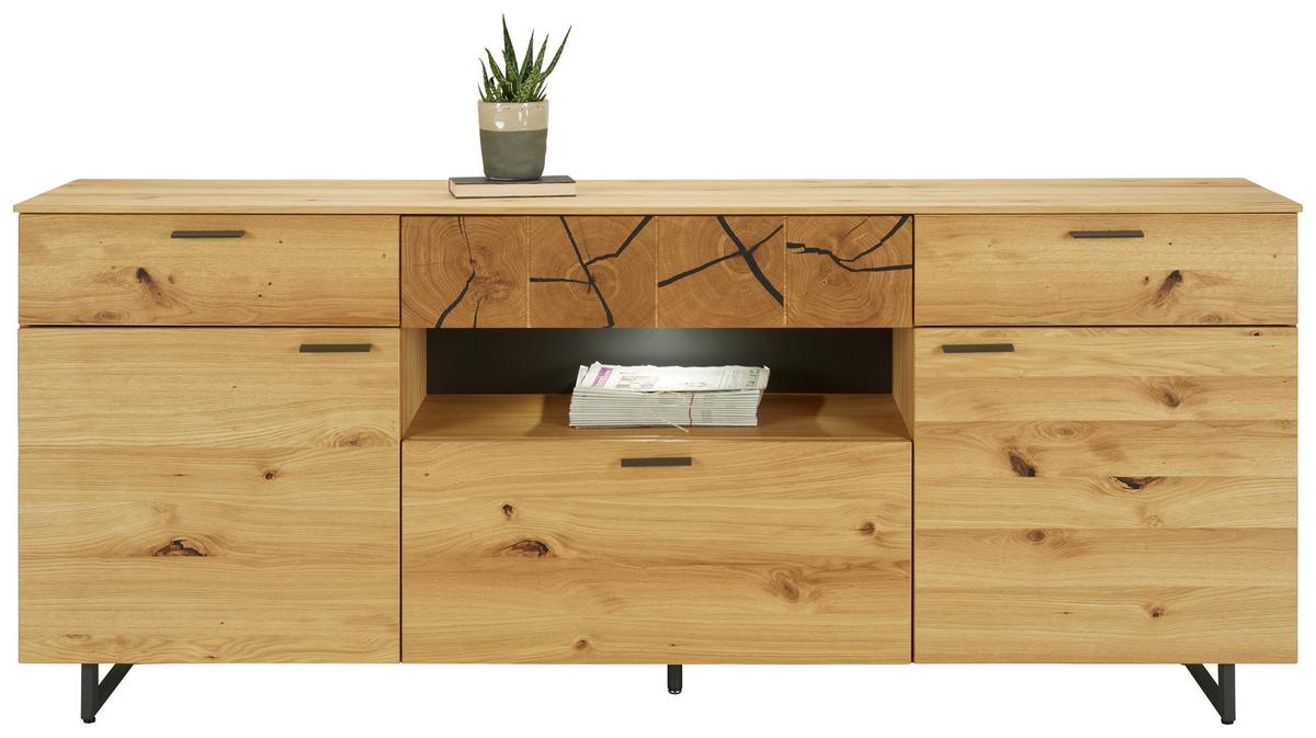 Sideboard Stockholm in Eichefarben - Eichefarben/Schwarz, Modern, Holzwerkstoff/Metall (203/85/41cm) - Premium Living