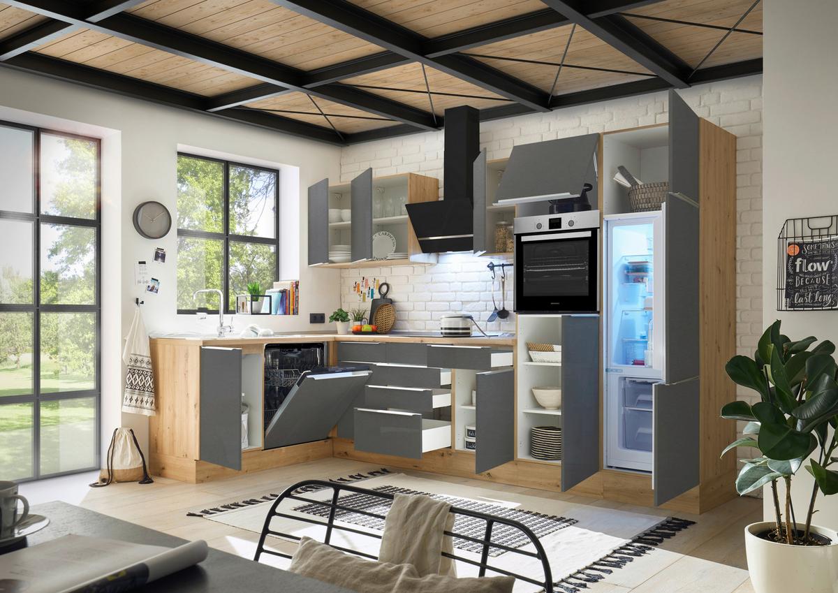 Eckküche Marleen mit Geräten Grau/Eiche ca. 340x170 cm - Anthrazit/Alufarben, LIFESTYLE, Holzwerkstoff/Kunststoff (170/340cm) - Respekta