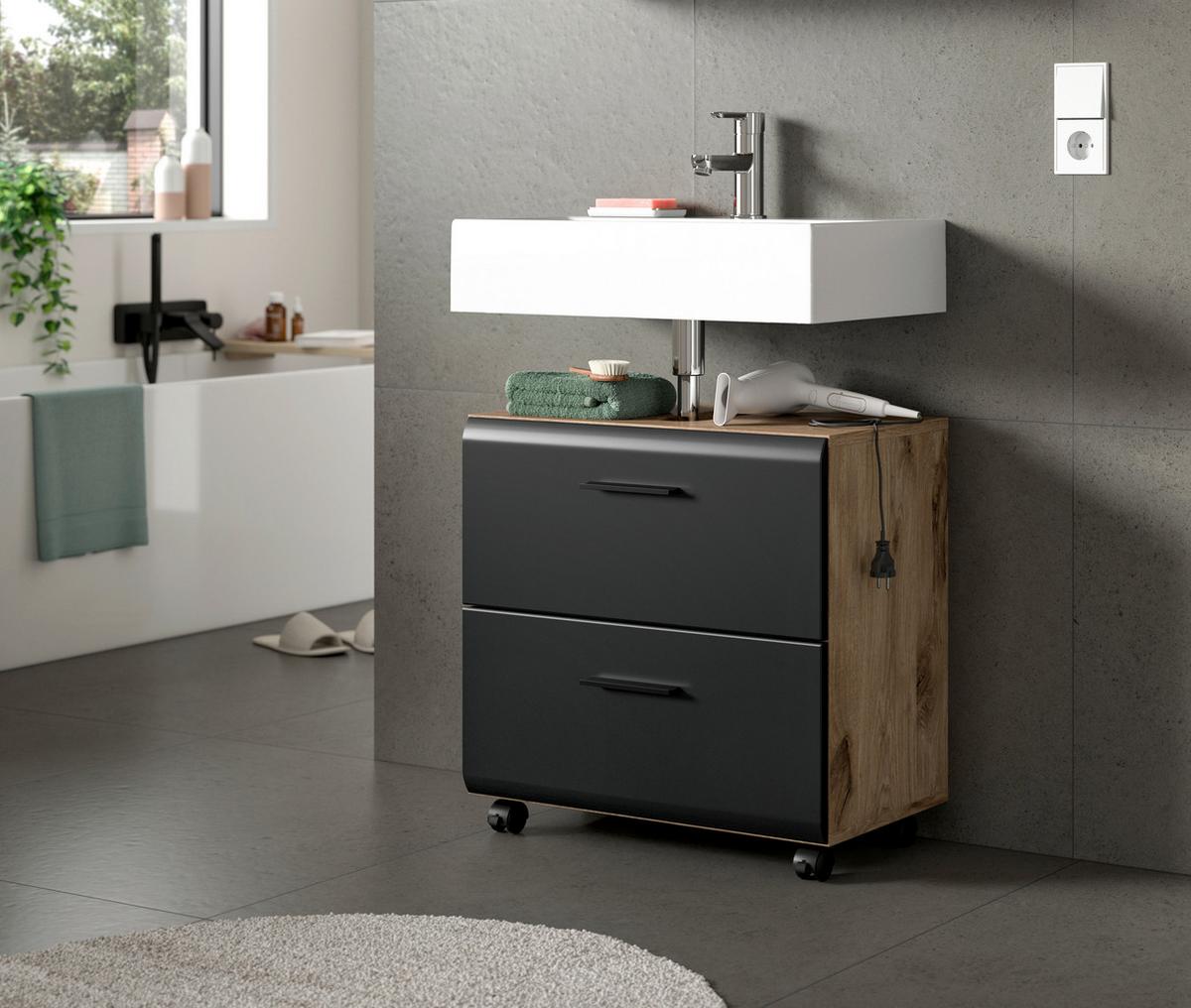 Waschbeckenunterschrank Ice Schwarz/Eiche dunkel - Eiche dunkel/Schwarz, Trend, Holzwerkstoff/Kunststoff (60/58/30cm) - MID.YOU