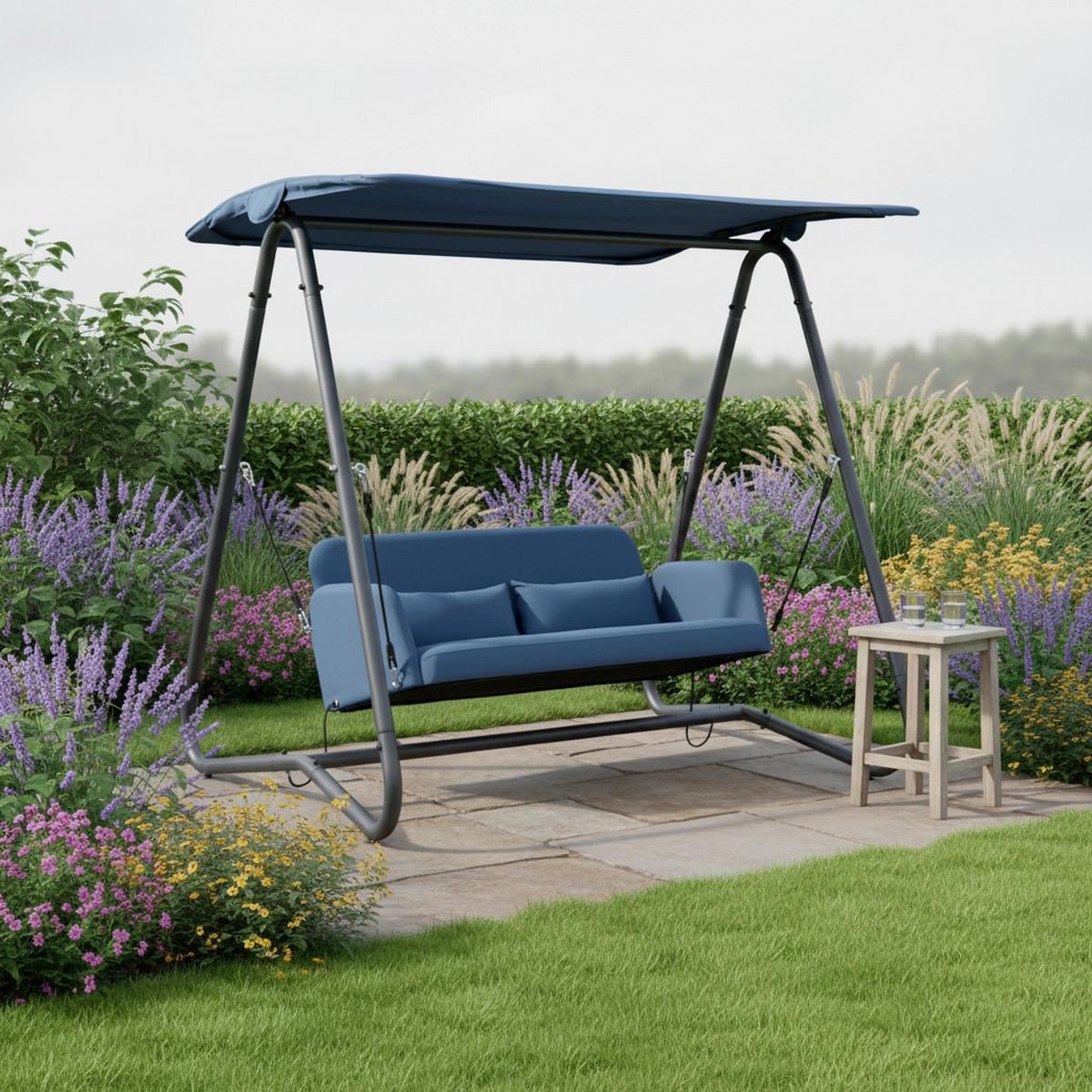 Hollywoodschaukel Ilva Blu Blau Outdoorstoff/Metall - Blau/Dunkelgrau, MODERN, Textil/Metall (178/175/142cm) - Bessagi Garden