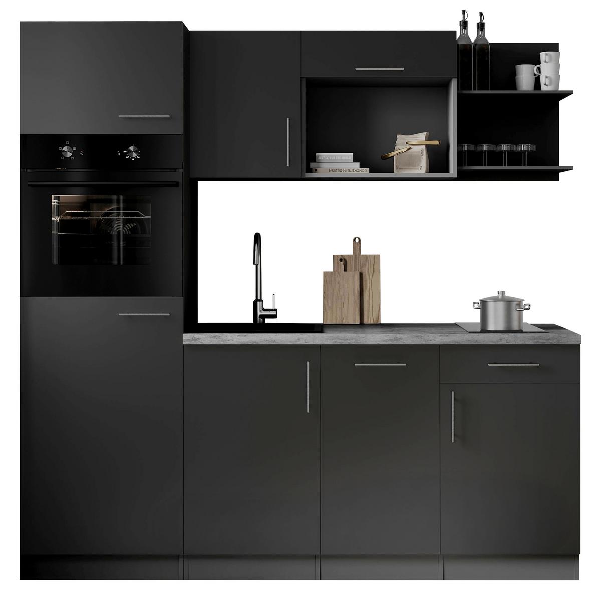 Küchenblock Oliver m. Geräten Schwarz - Schwarz/Grau, Trend, Holzwerkstoff/Metall (205cm) - Respekta