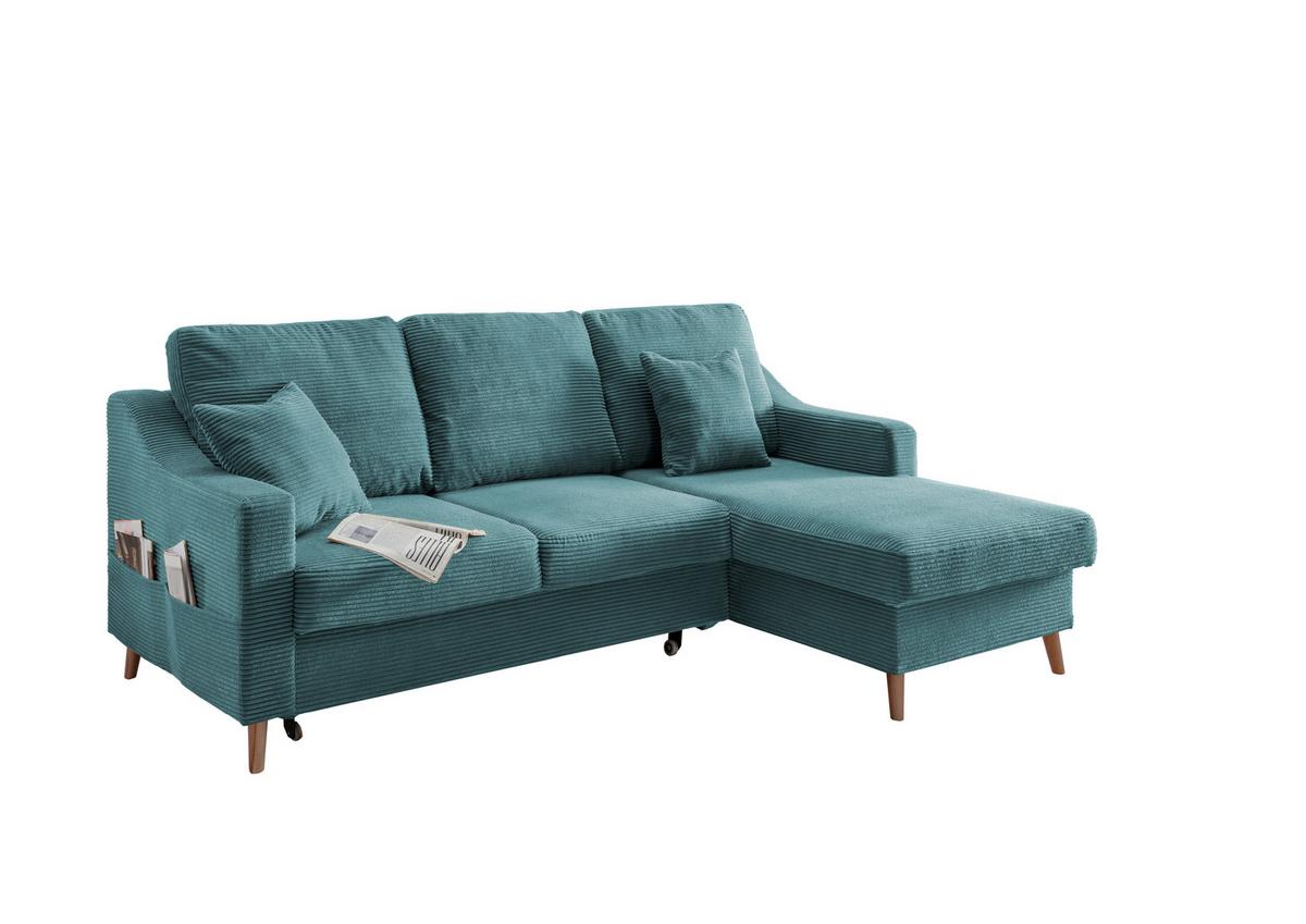 Ecksofa Valentina Cord ca. 228x150 cm Petrol - Petrol/Naturfarben, Design, Holz/Textil (228/150cm) - P & B