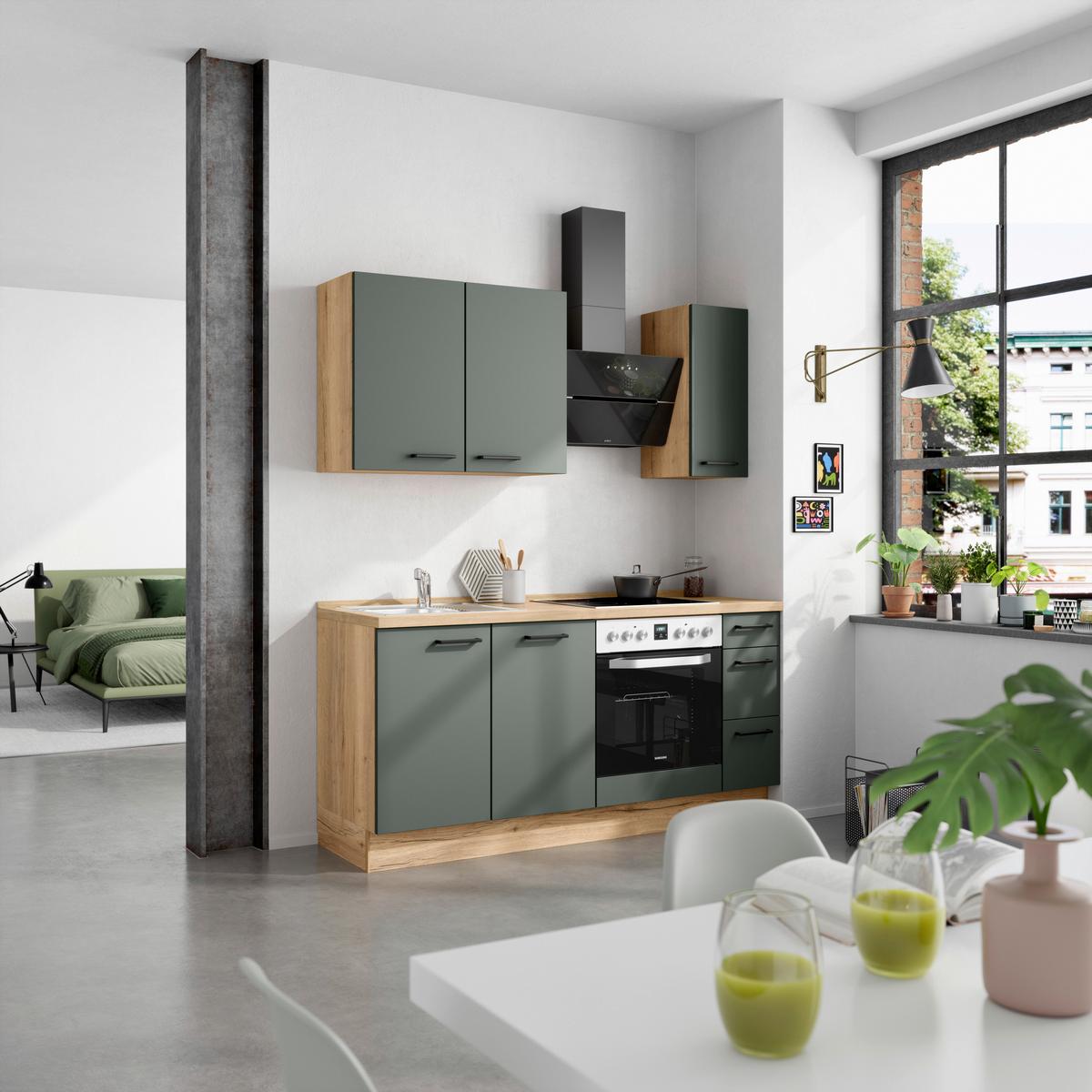 Küchenblock Easytouch m. Geräten Dunkelgrün - Dunkelgrün/Eichefarben, MODERN, Holzwerkstoff/Metall (180cm) - Nobilia