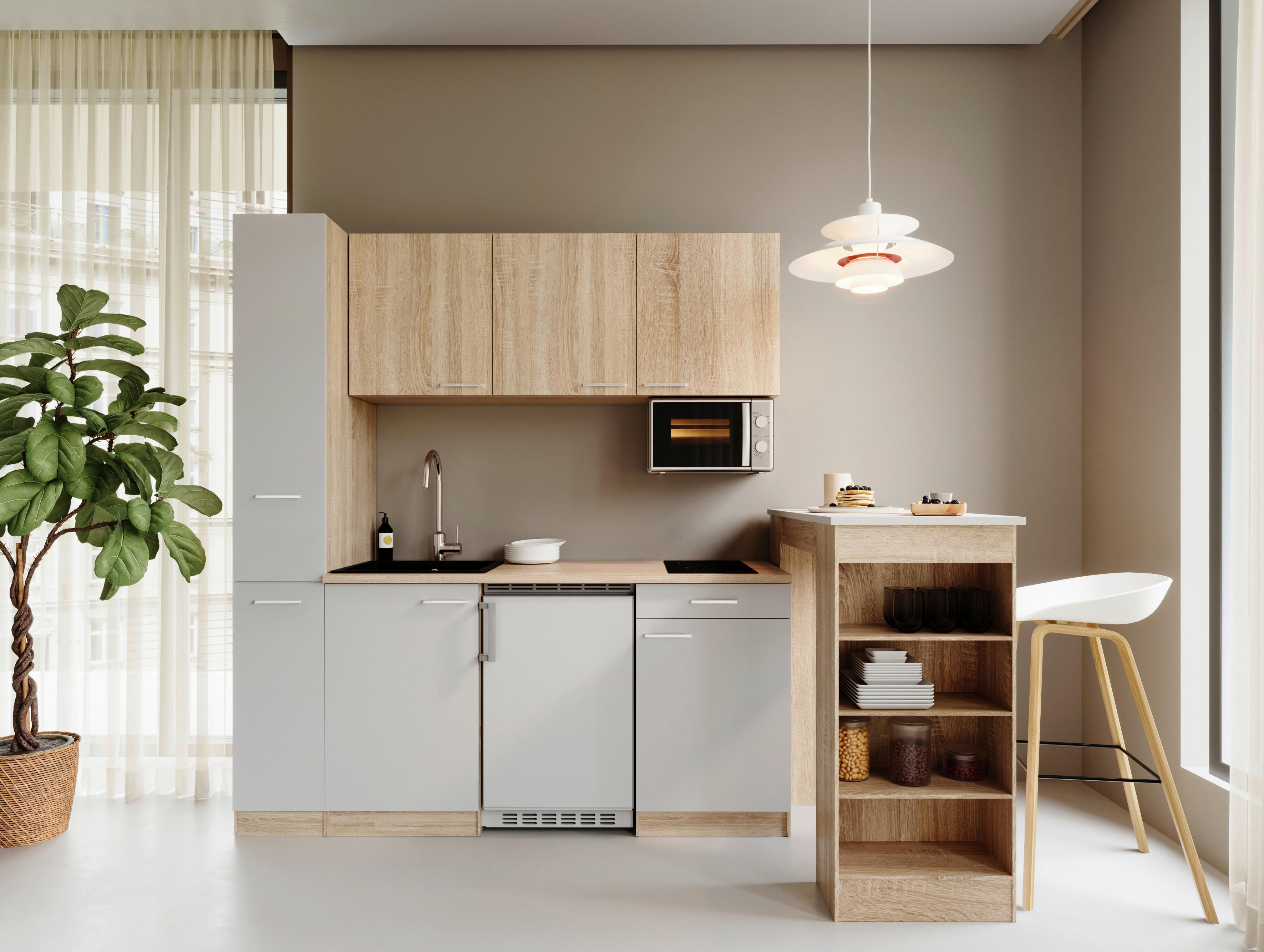Küchenblock Ingrid m. Geräten Weiß - Eichefarben/Alufarben, Design, Holzwerkstoff/Kunststoff (180cm) - Respekta