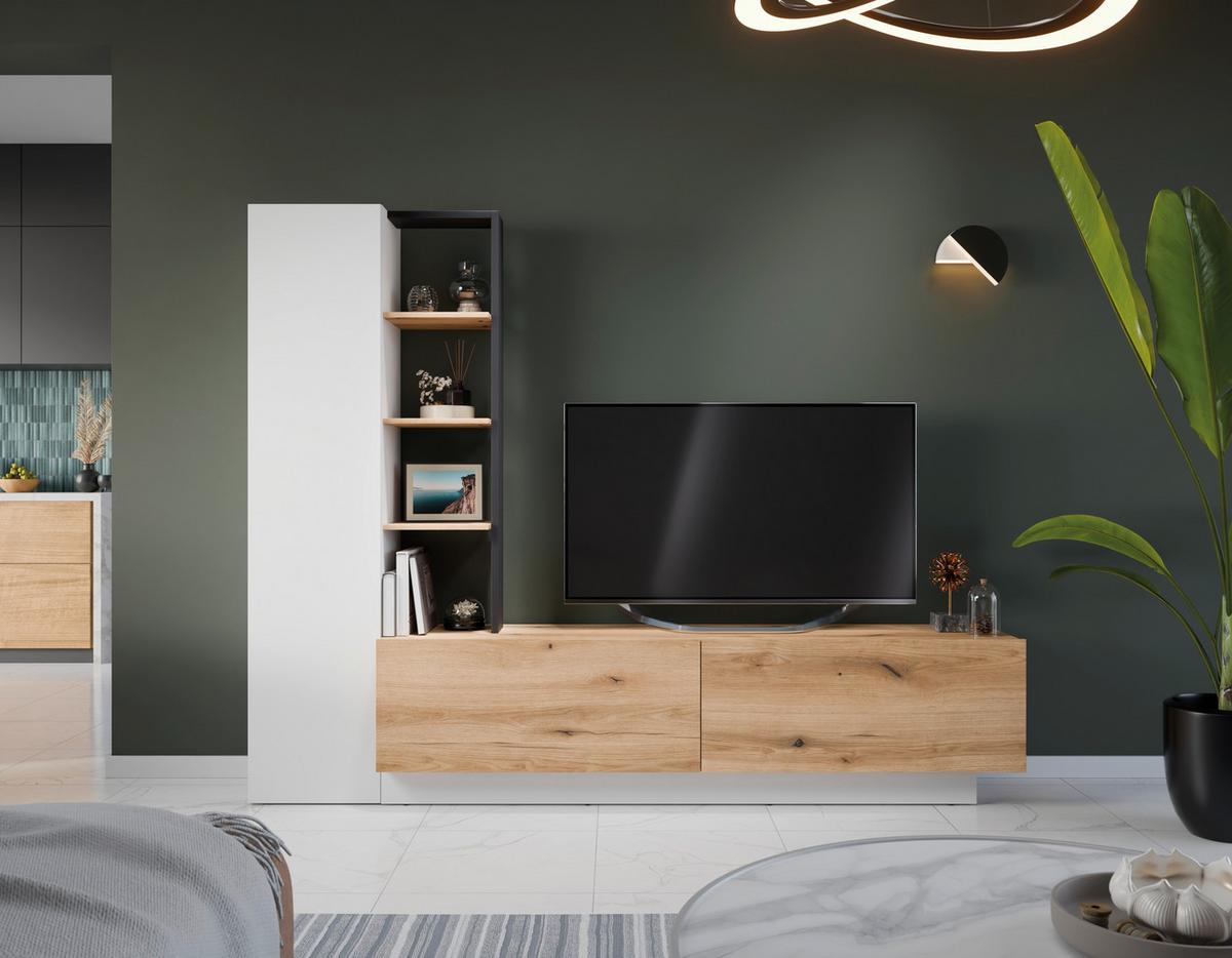 Ansamblu mobilier camera de zi TEVISA - alb/culoare lemn stejar, Modern, material pe bază de lemn (230/180/41,6cm) - Modern Living