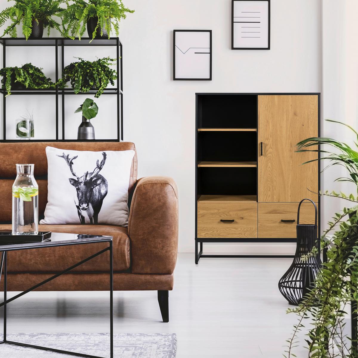 Visoka Komoda Amio, Črna, Barva Hrasta - črna/barve hrasta, Moderno, kovina/leseni material (100/140/40cm) - MID.YOU