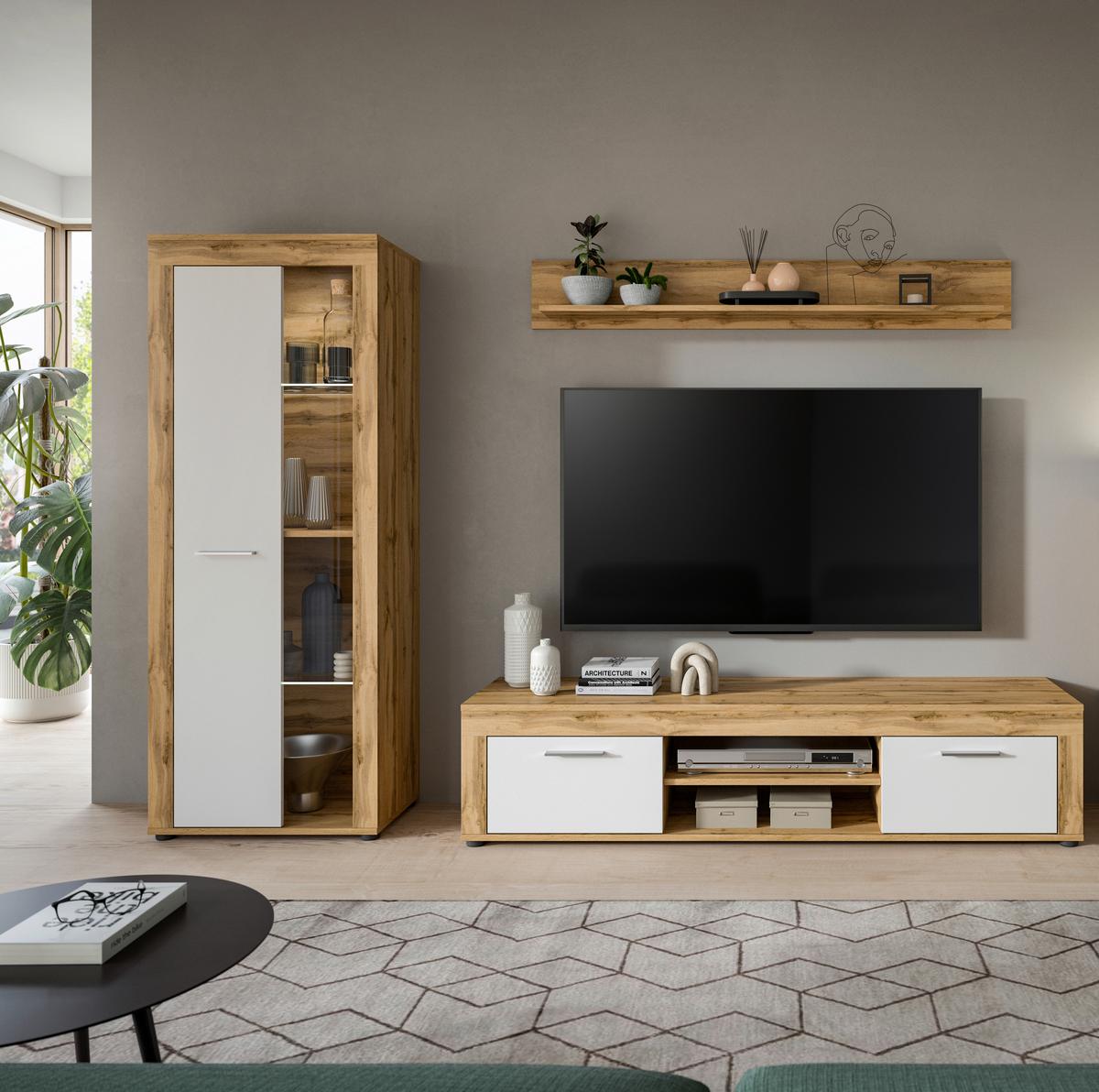 Wohnwand Jam Weiß/Eiche Wotan - Eiche Wotan/Silberfarben, Design, Glas/Holzwerkstoff (235/159/35cm) - MID.YOU