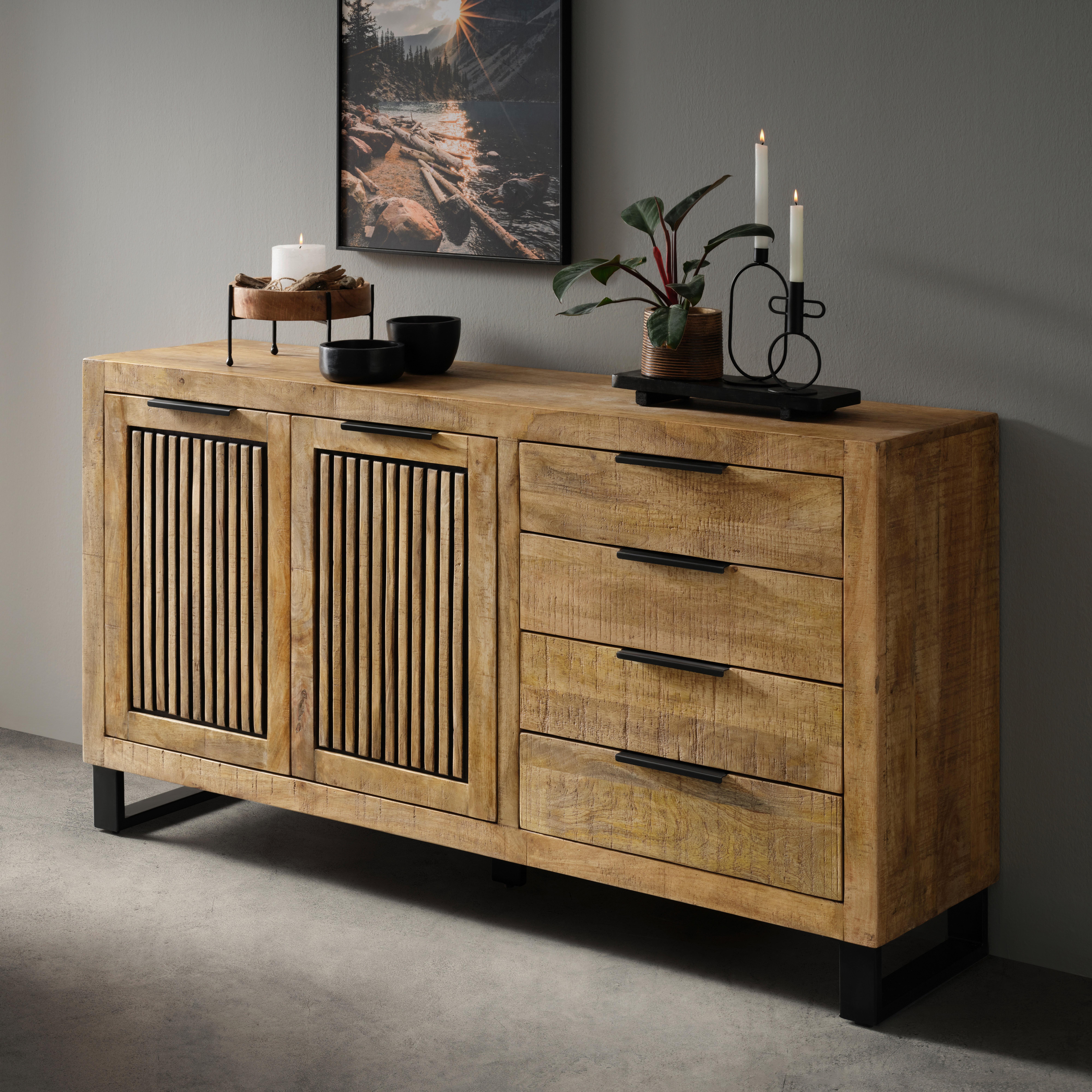 Sideboard Everest in Naturfarben/Schwarz. - Schwarz/Naturfarben, Natur, Holz/Metall (160/85/40cm) - Zandiara