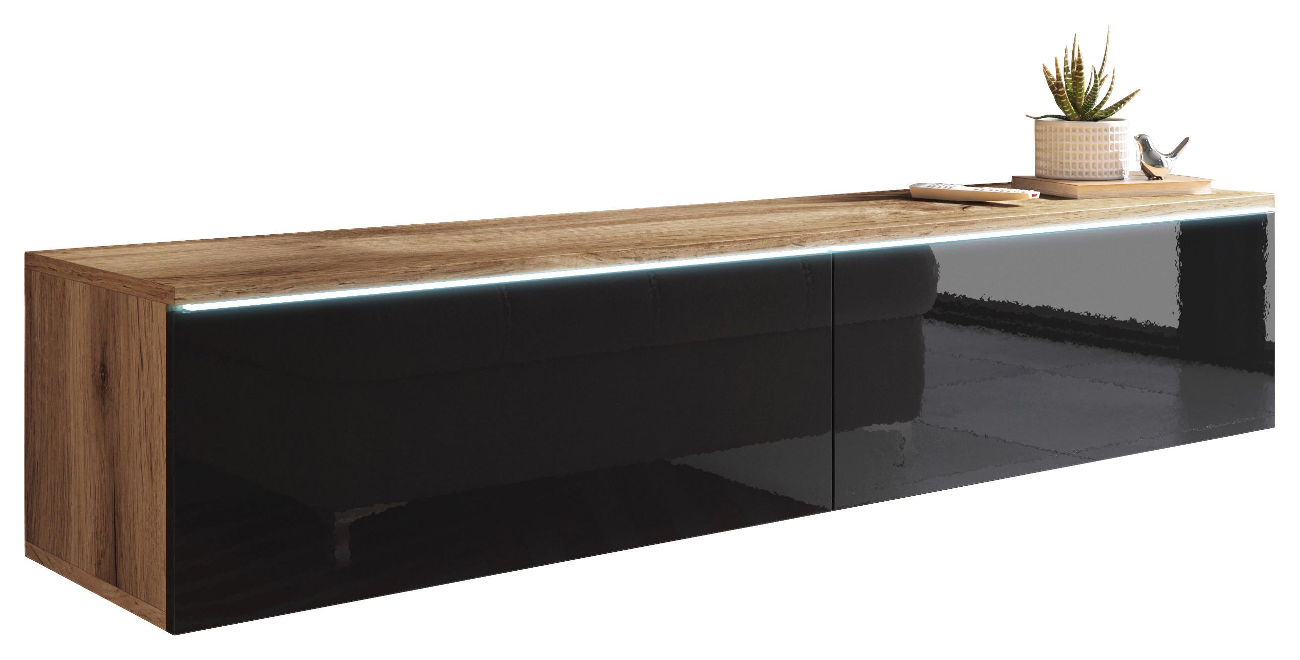 TV-Lowboard mit LED ca. 140x30 cm Eiche/Schwarz - Schwarz Hochglanz/Eiche Wotan, LIFESTYLE, Holzwerkstoff/Kunststoff (140/30/33cm) - P & B