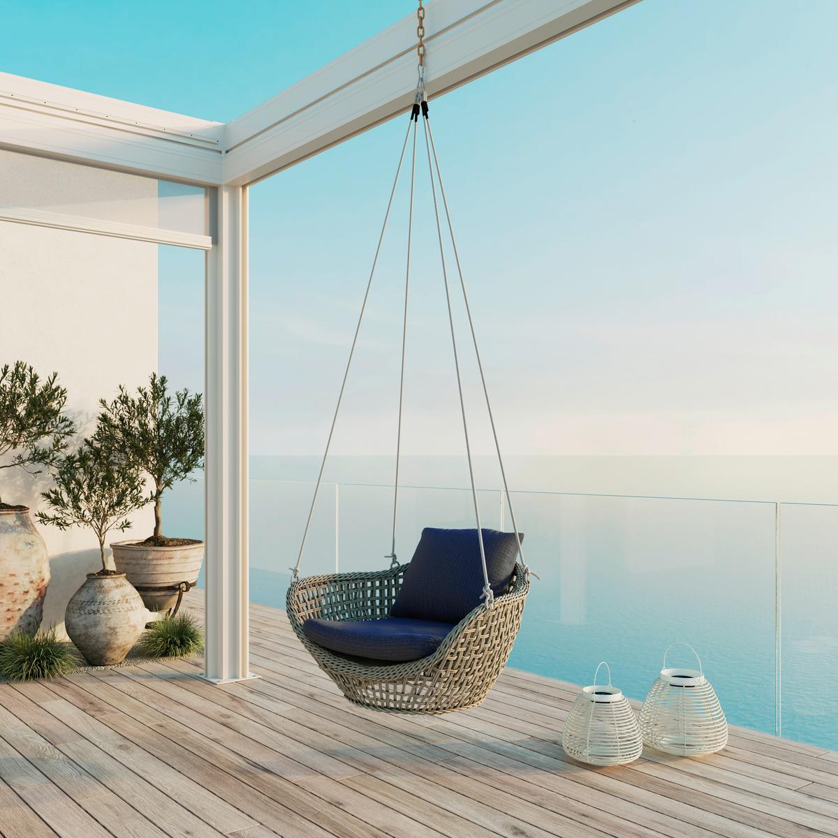 Hängesessel Elodie Blau Kunststoff/Outdoorstoff - Blau/Creme, MODERN, Kunststoff/Textil (83/73/48cm) - Bessagi Garden