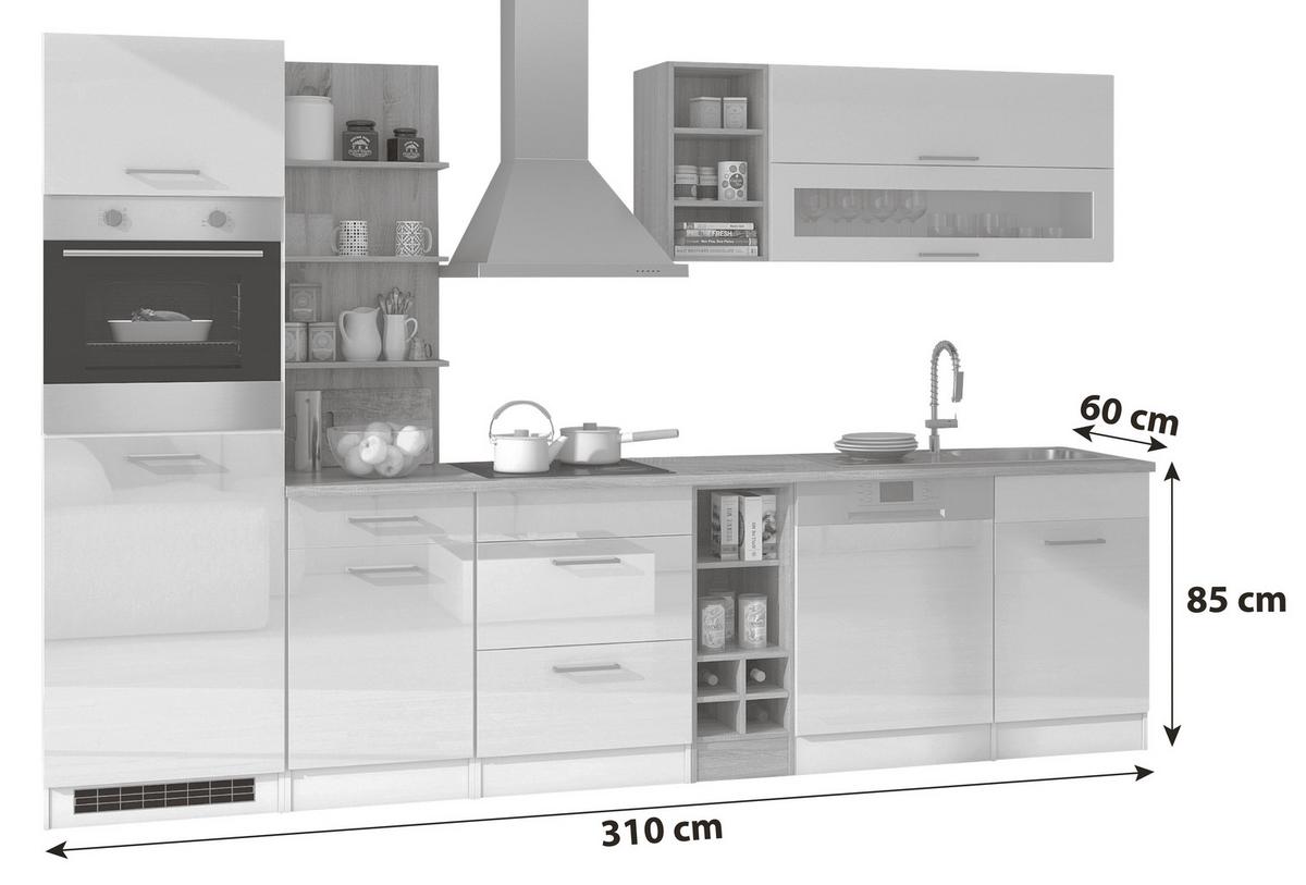 Küchenblock in Weiss inkl. E-Geräte 'Mailand' - Chromfarben/Weiß Hochglanz, MODERN, Holzwerkstoff/Metall (310cm) - Held