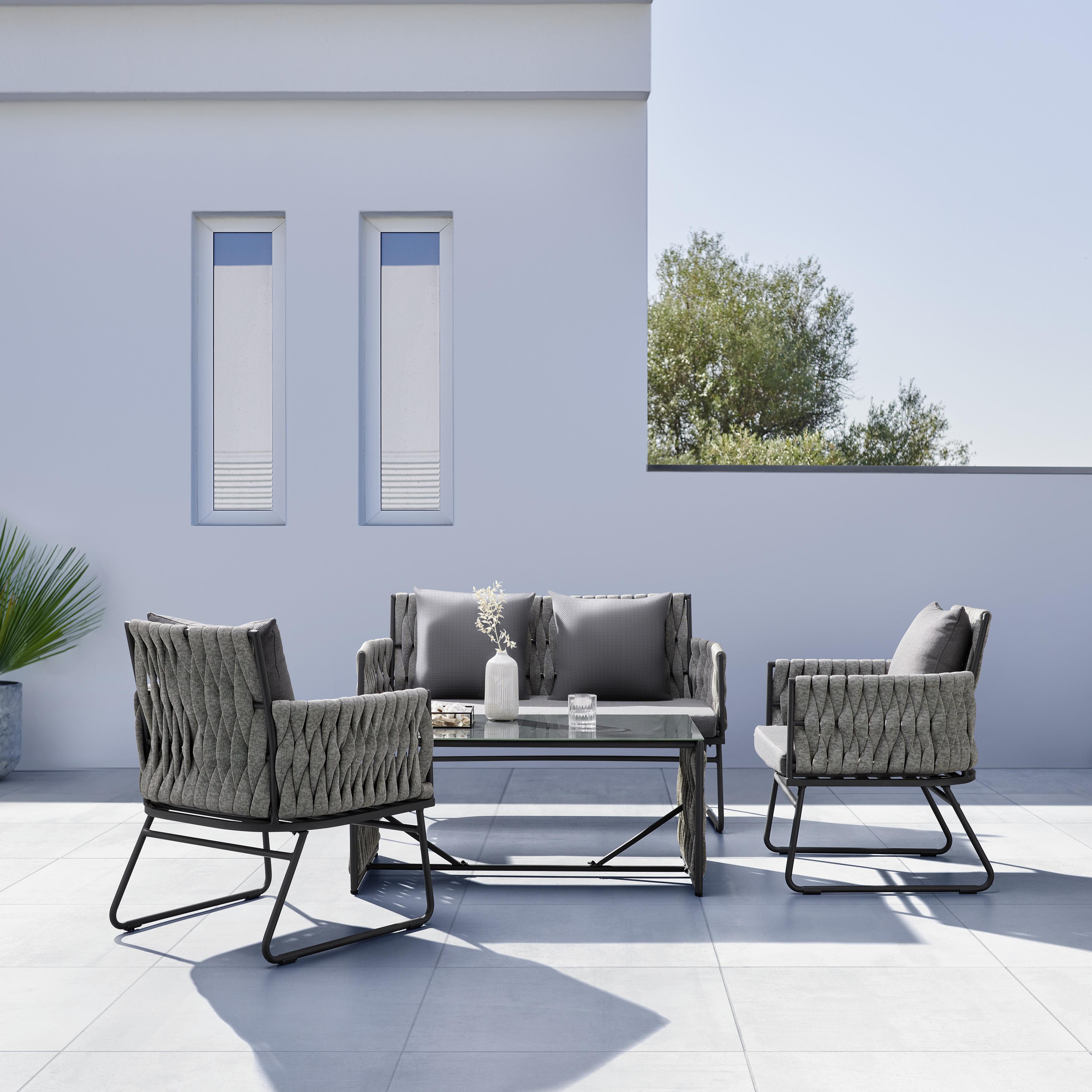 Gartenlounge "Maxima", 4-teilig, Textilgeflecht - Grau, Modern, Glas/Textil - Bessagi Garden