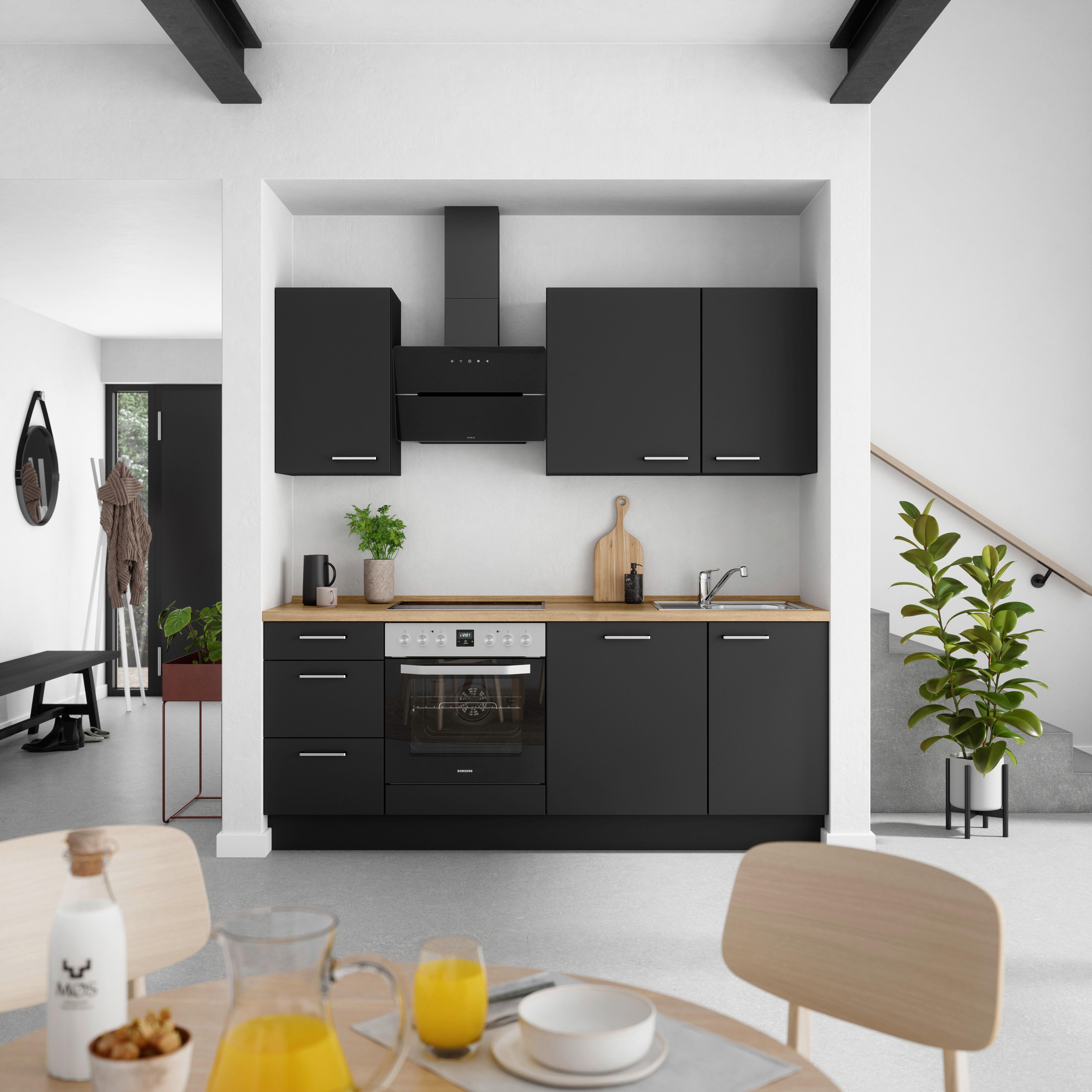 Küchenblock Touch High m. Geräten Schwarz - Edelstahlfarben/Eichefarben, MODERN, Holzwerkstoff/Metall (210cm) - Nobilia