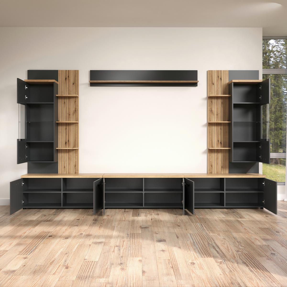 WOHNWAND BAGGIO - Eichefarben/Anthrazit, Design, Glas/Holzwerkstoff (360/212/40cm) - MID.YOU