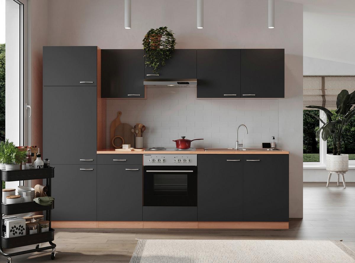 Küchenblock Gerda mit Geräten ca. 270 cm Grau - Buchefarben/Alufarben, Basics, Holzwerkstoff/Kunststoff (270cm) - Respekta