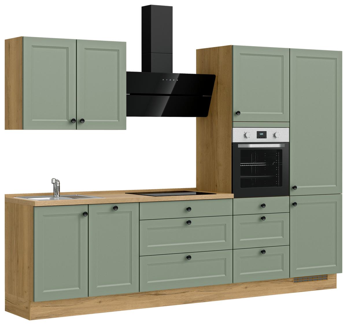 Küchenblock Cascada High m. Geräten Schilfgrün - Schilfgrün/Eichefarben, MODERN, Holzwerkstoff/Metall (300cm) - Nobilia
