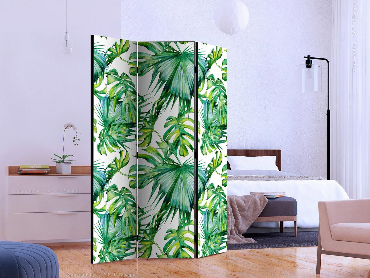 Paravan Jungle Leaves, Dvostranski, 3-Delni - bela/svetlo zelena, Basics, tekstil/les (135/172/3cm) - artgeist